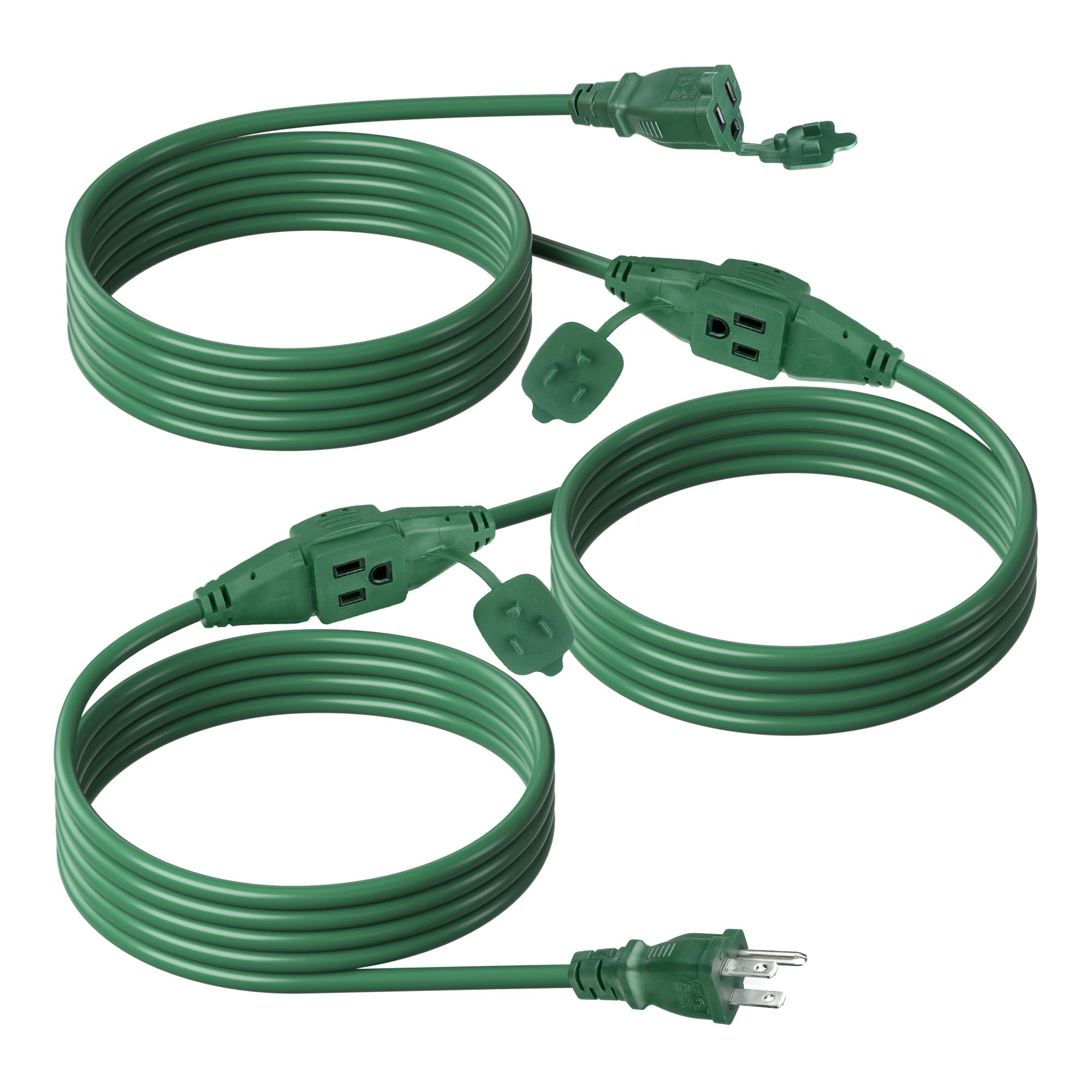 Bn Link 25 Ft Outdoor Extension Cord W/3 Inline Outlets 16/3 Gauge, Sjtw Green For Landscaping & Holiday Decorations, Grounded,
