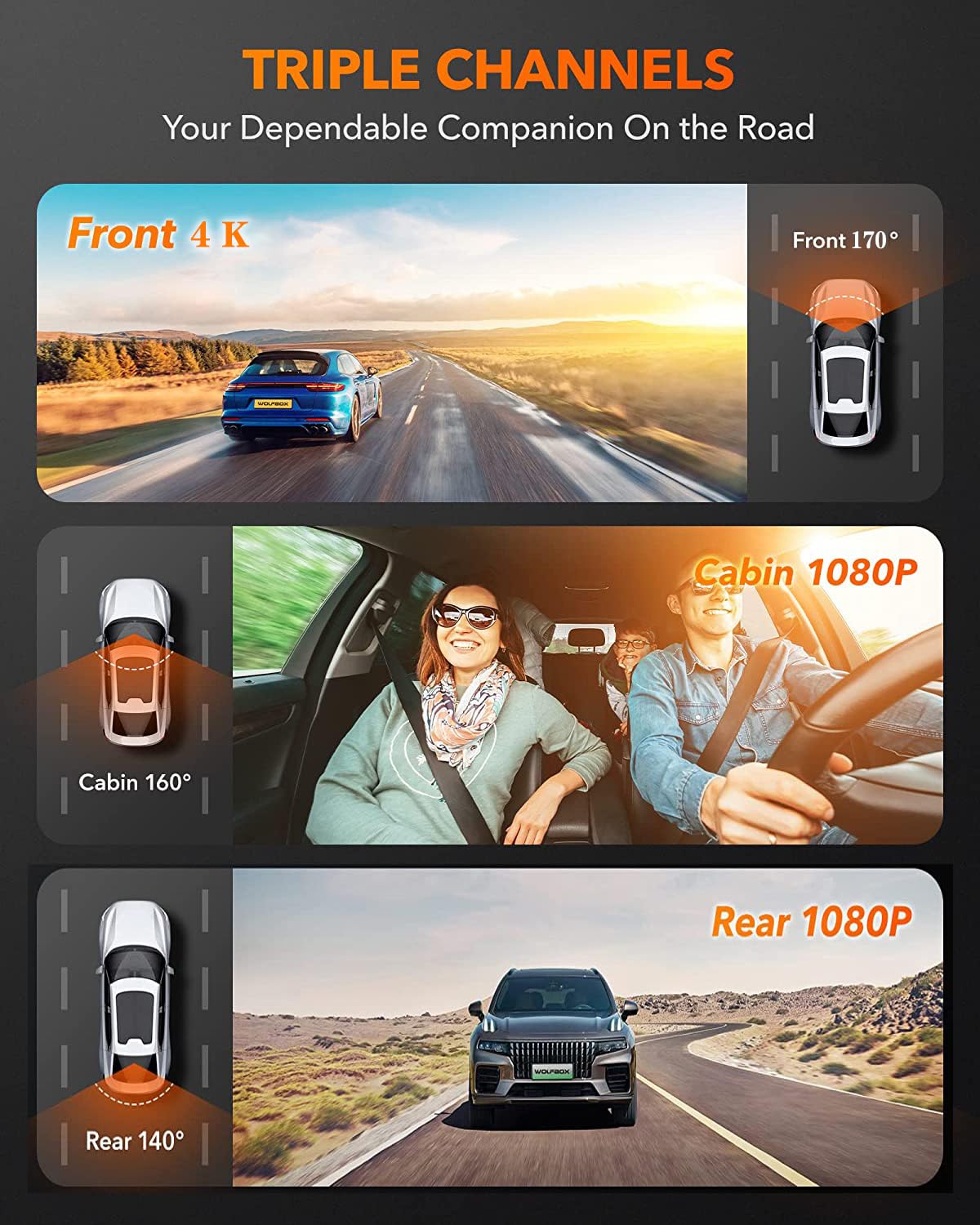 Dash Camera For Cars, 3 Channel 4K Dash Cam Front And Rear Inside,1080P Full Hd 170 Deg Wide Angle Dashboard Camera With 64Gb Ca