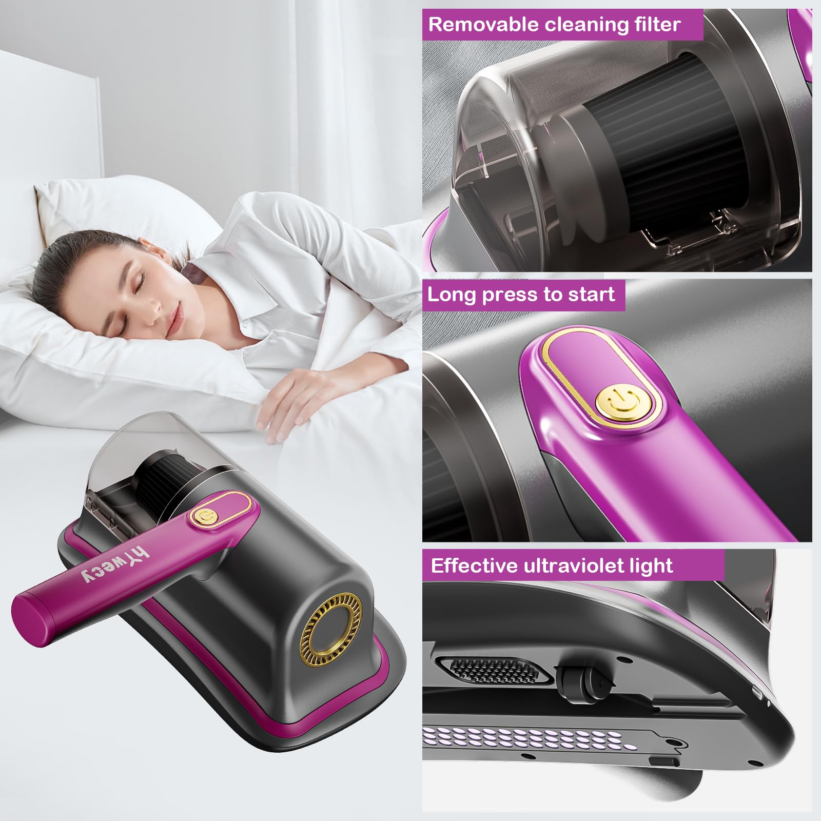 Hywecy Bed Vaccum Cleaner 6600Mah Wireless Handheld Uv Mattress Vacuum Cleaner,Lightweight Two Speeds Cleaner Machine For Bed,So