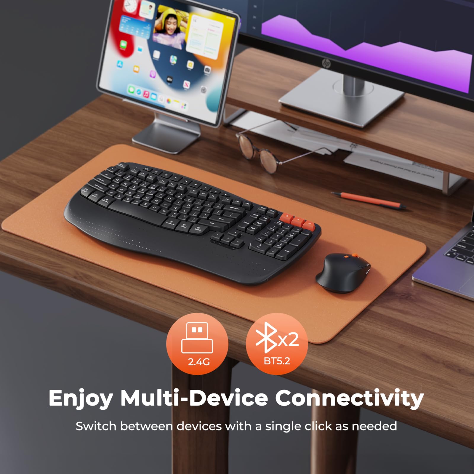 Meetion Wave Ergonomic Keyboard And Mouse Wireless, Usb/Bluetooth Wave Ergo Keyboard With Wrist Rest, 4 Dpi Adjustable Swing Whe