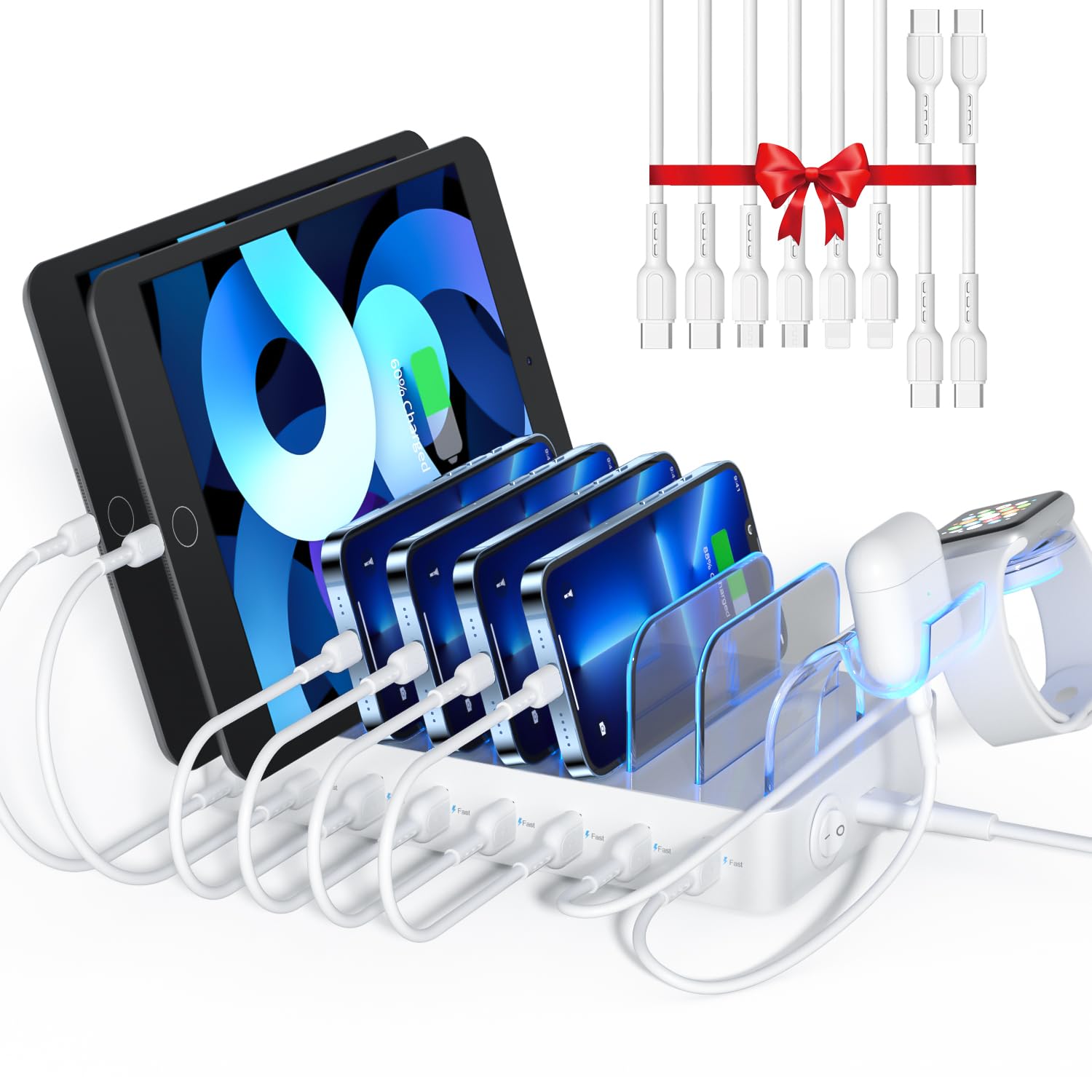 Soopii 8 Port Usb C Charging Station For Multiple Devices, With 1 Pd 20W Port Supports Fast Charging, 8Pcs Mixed Charging Cables