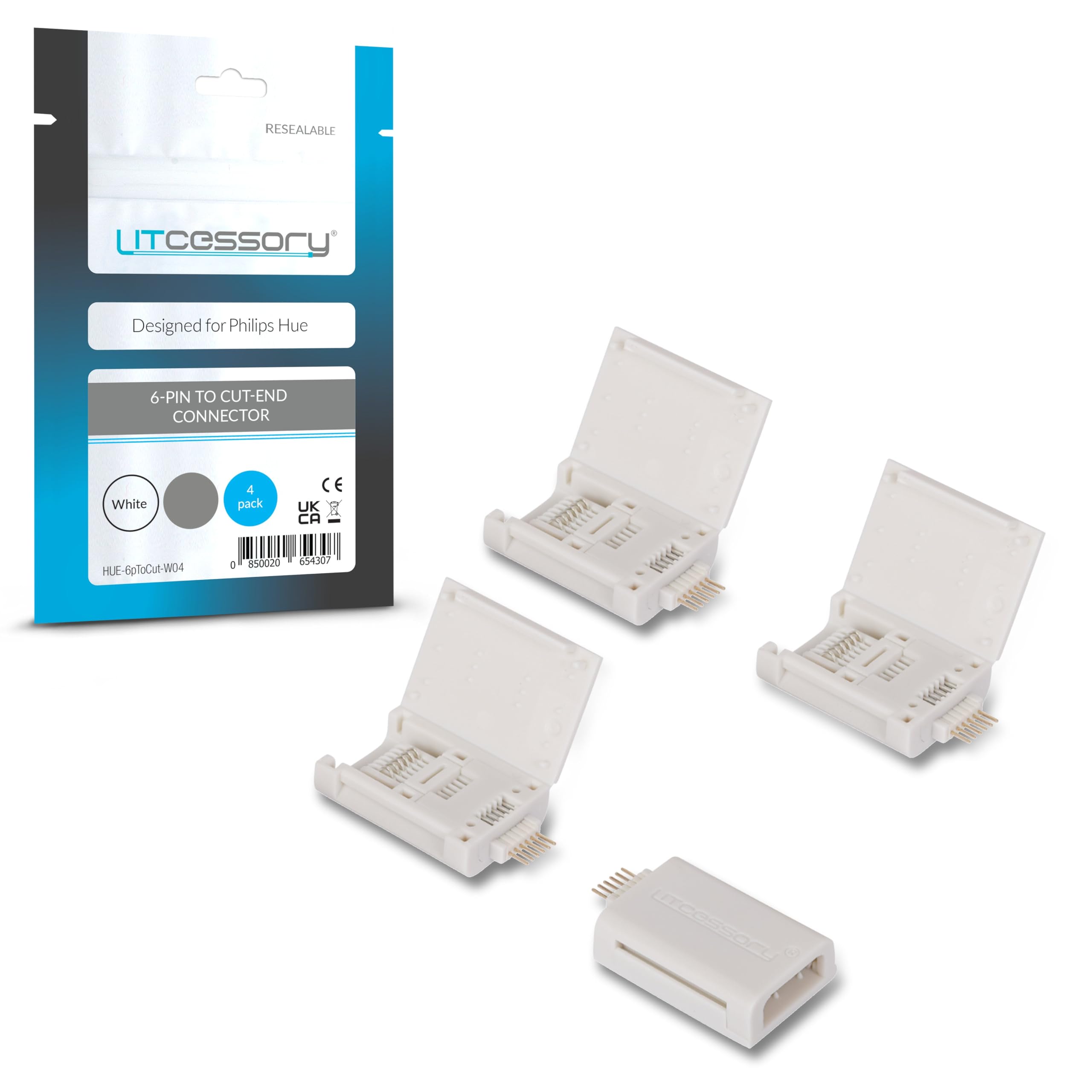 Litcessory 6 Pin To Cut End Connector For Philips Hue Lightstrip Plus (4 Pack, White   Micro 6 Pin V4)