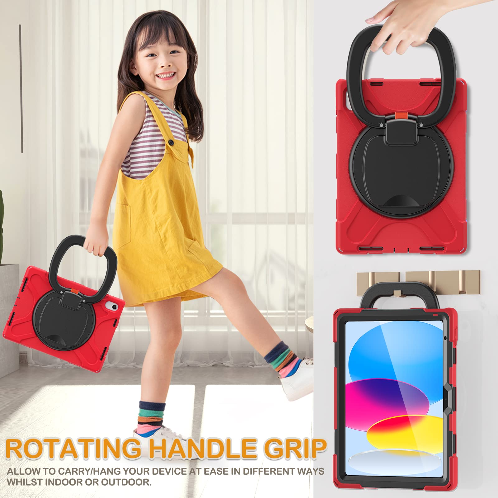 Braecn Kids Case For Ipad 10Th Generation 2022 10.9 Inch A2696 A2757 A2777, Heavy Duty Rugged Silicone Cover W/Swivel Ring Stand