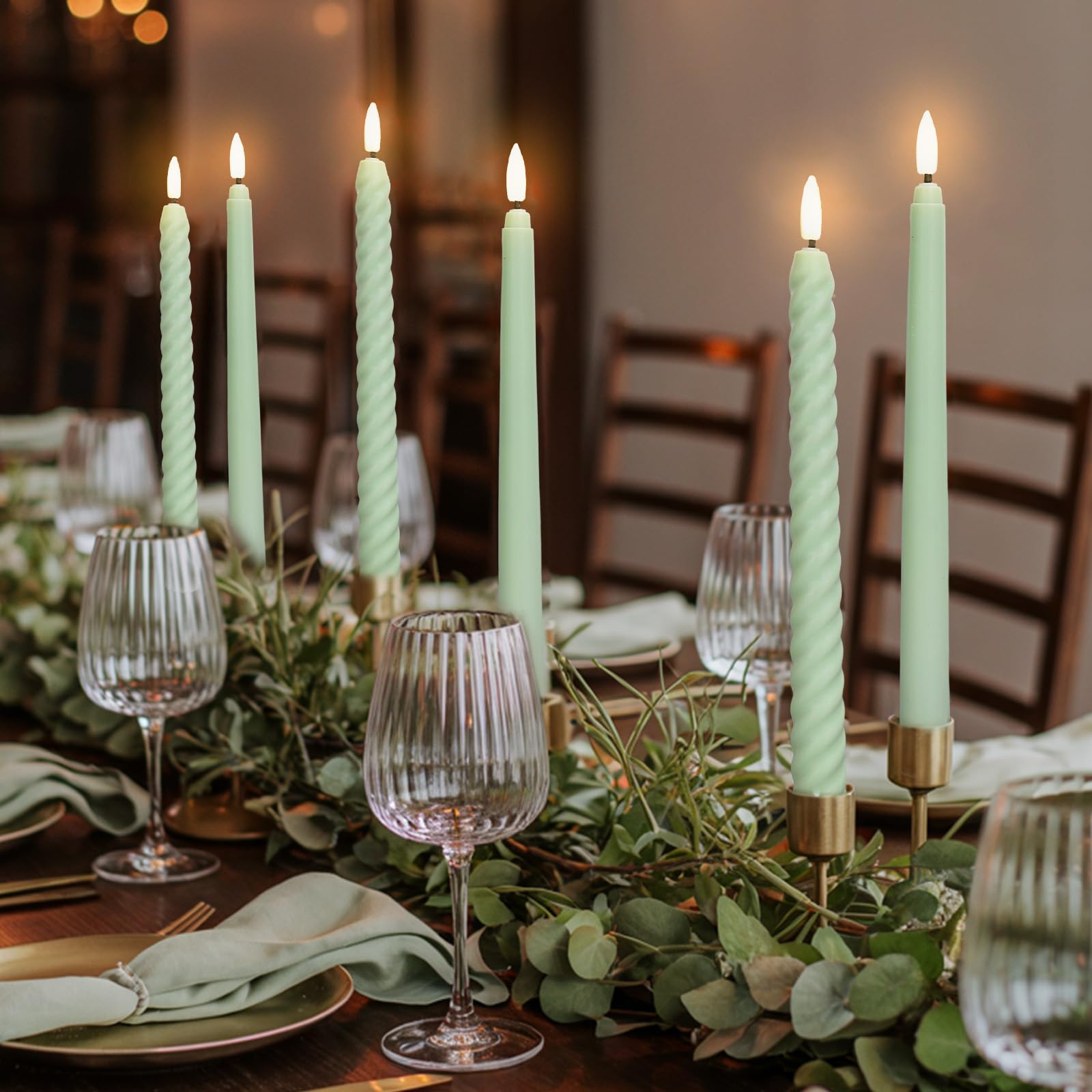 JarThenaAMCS 6Pcs Sage Green Flameless Taper Candles Green Battery Operated Spiral Candle Flickering LED Candles with Remote for