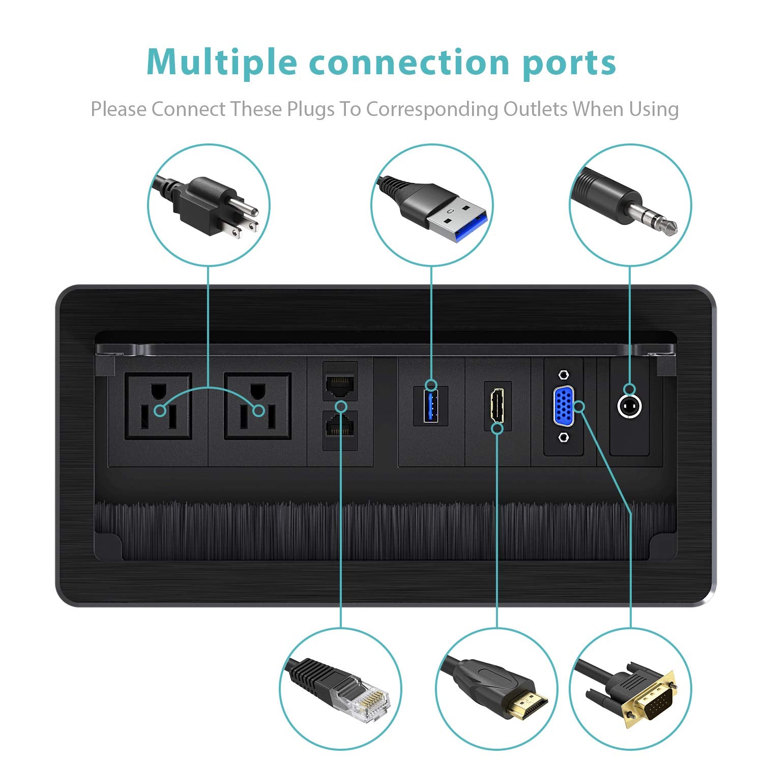 Webang Recessed Connectivity Box Outlet For Conference Room Table With 2Ac Receptacle,2Rj45, 1Usb3.0, 1Hdmi, 1 Vga, 13.5Mm Audio, Black