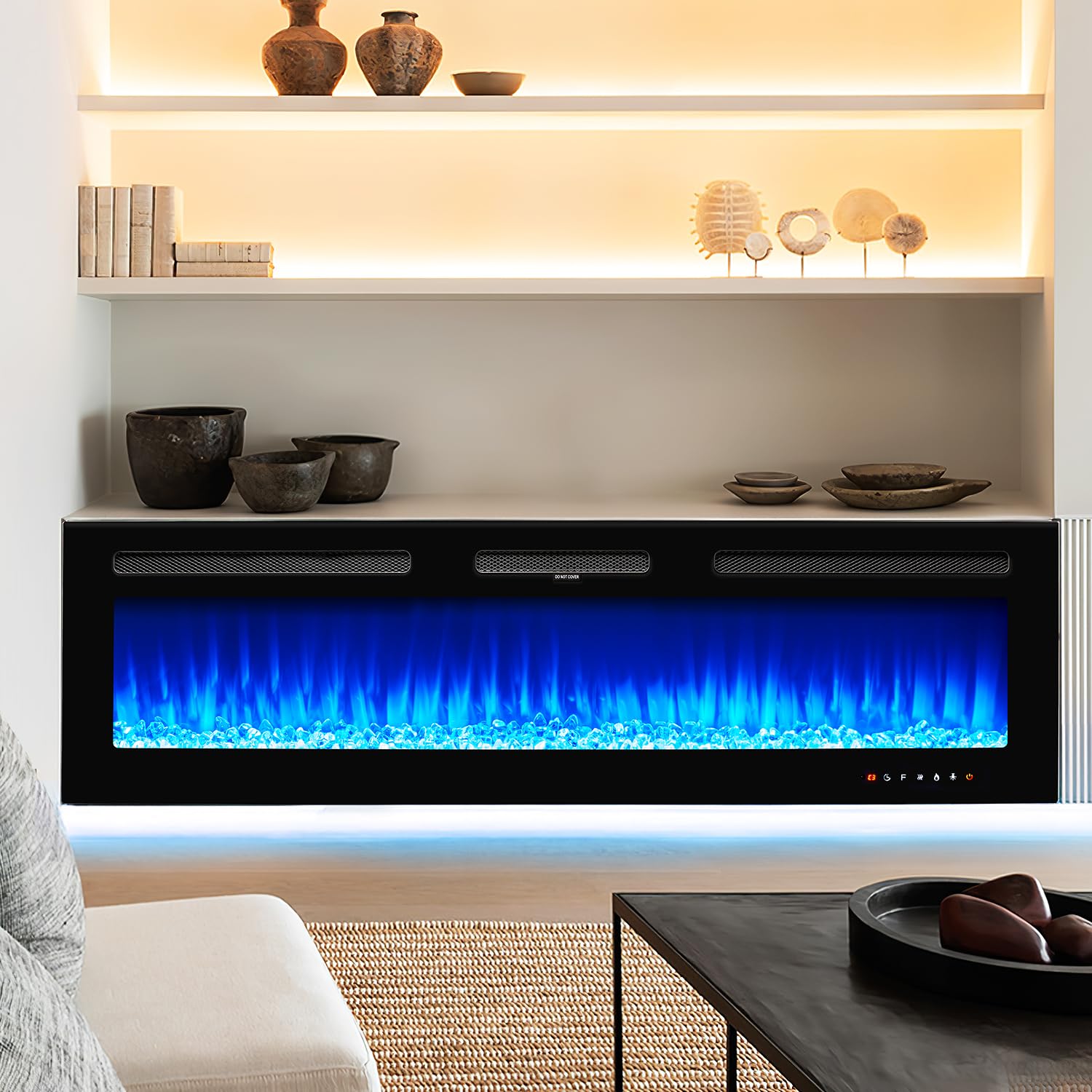 Oneinmil Electric Fireplace, 60 Inch Wide Recessed And Wall Mounted Electric Fireplace, 750W/1500W, 12 Color Flame, Remote Contr