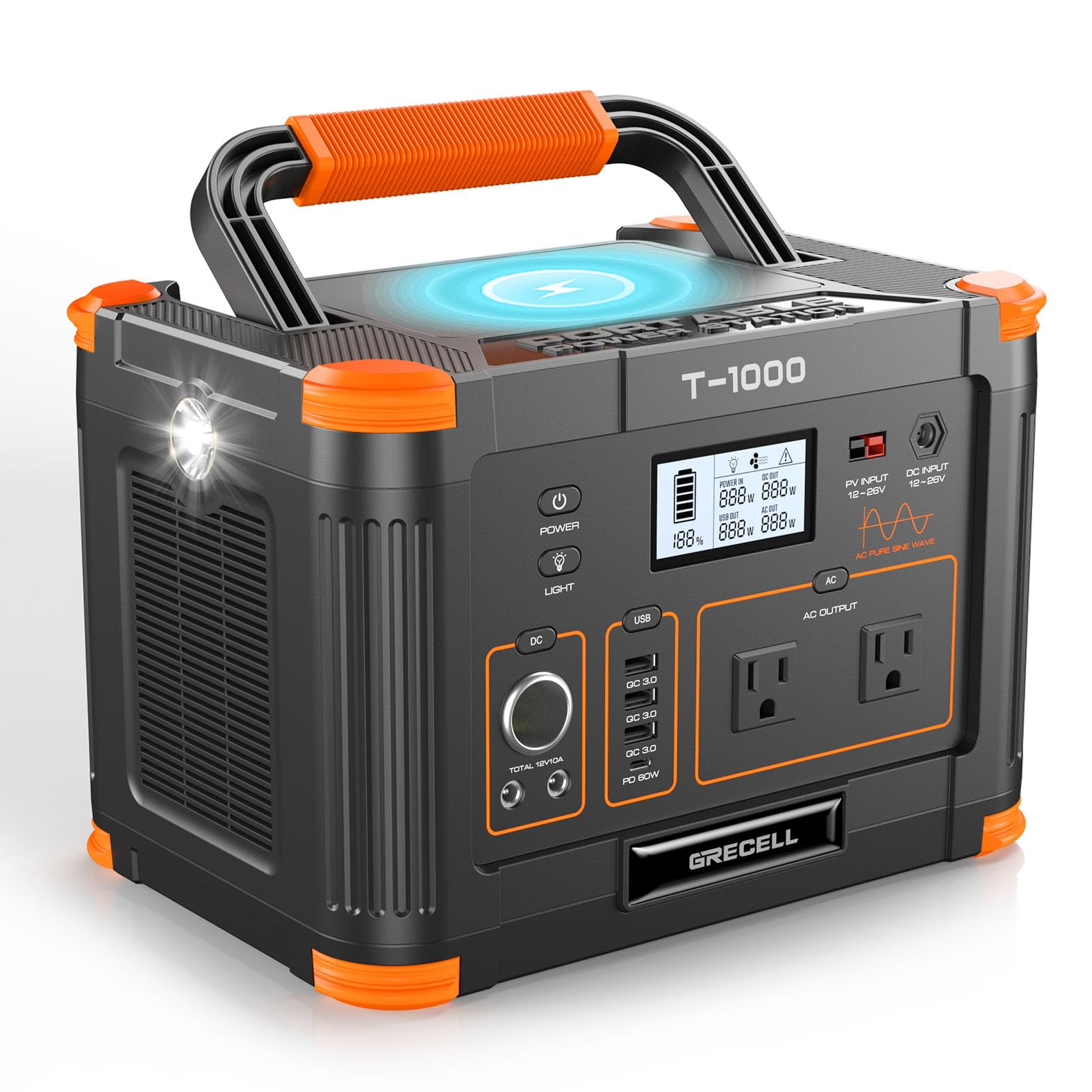 Portable Power Station 1000W, GRECELL 999Wh Solar Powered Generator with 110V AC Outlet, PD 60W Fast Charging Backup Lithium Bat
