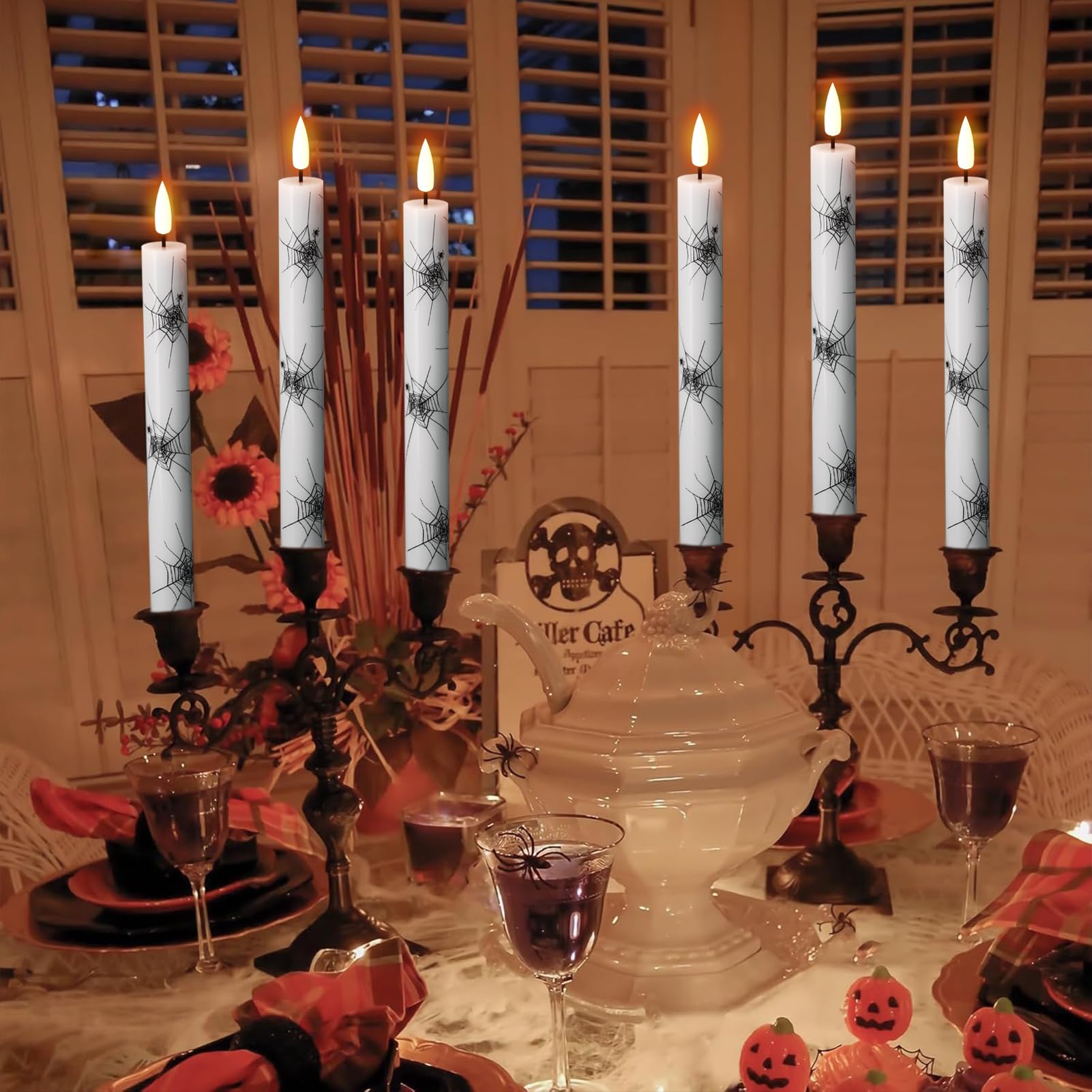 Wondise Halloween Flameless Taper Candles With Remote & Timer, 4 Pack Spider Web Halloween Candles Battery Operated Real Wax Led