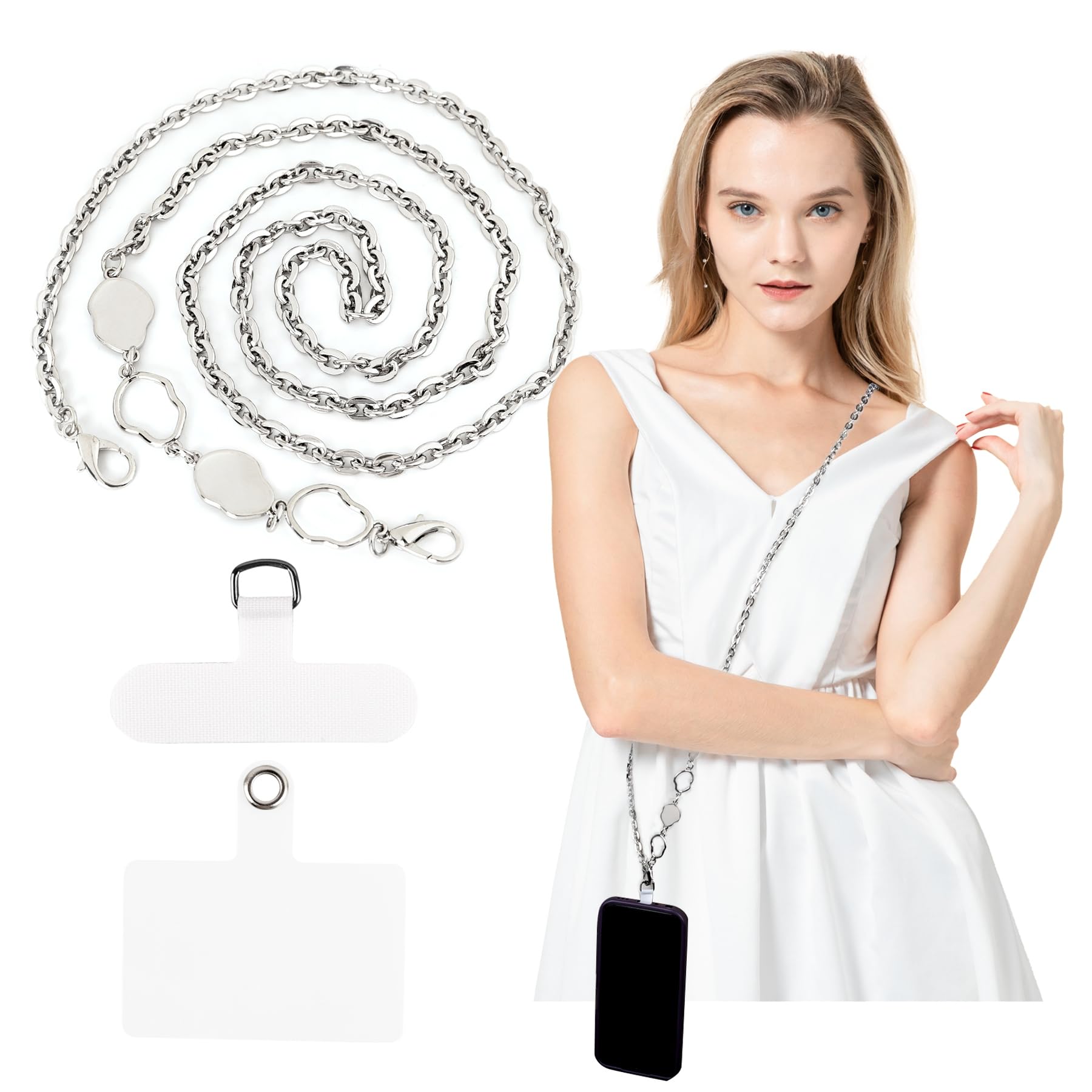 Framendino, Universal Metal Cross Body Phone Strap Detachable Chain Lanyard with Patches 2 Tether Tabs