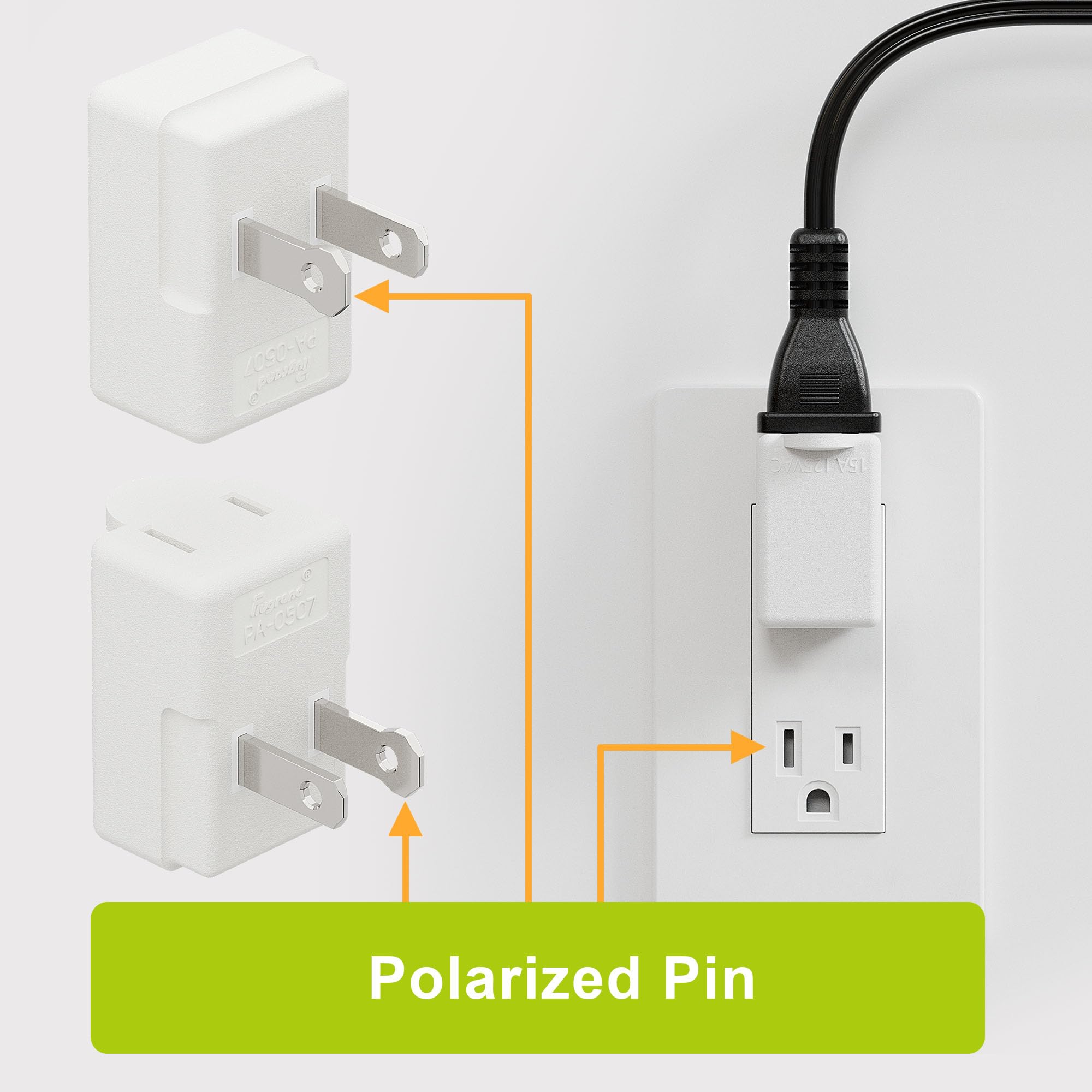 90 Degreen 2 Prong Adapter, Plugrand Up Angled Nema 1 15P To 1 15R Up Angled Adapter, Us 2 Pin Adapter Pa 0507 White Color