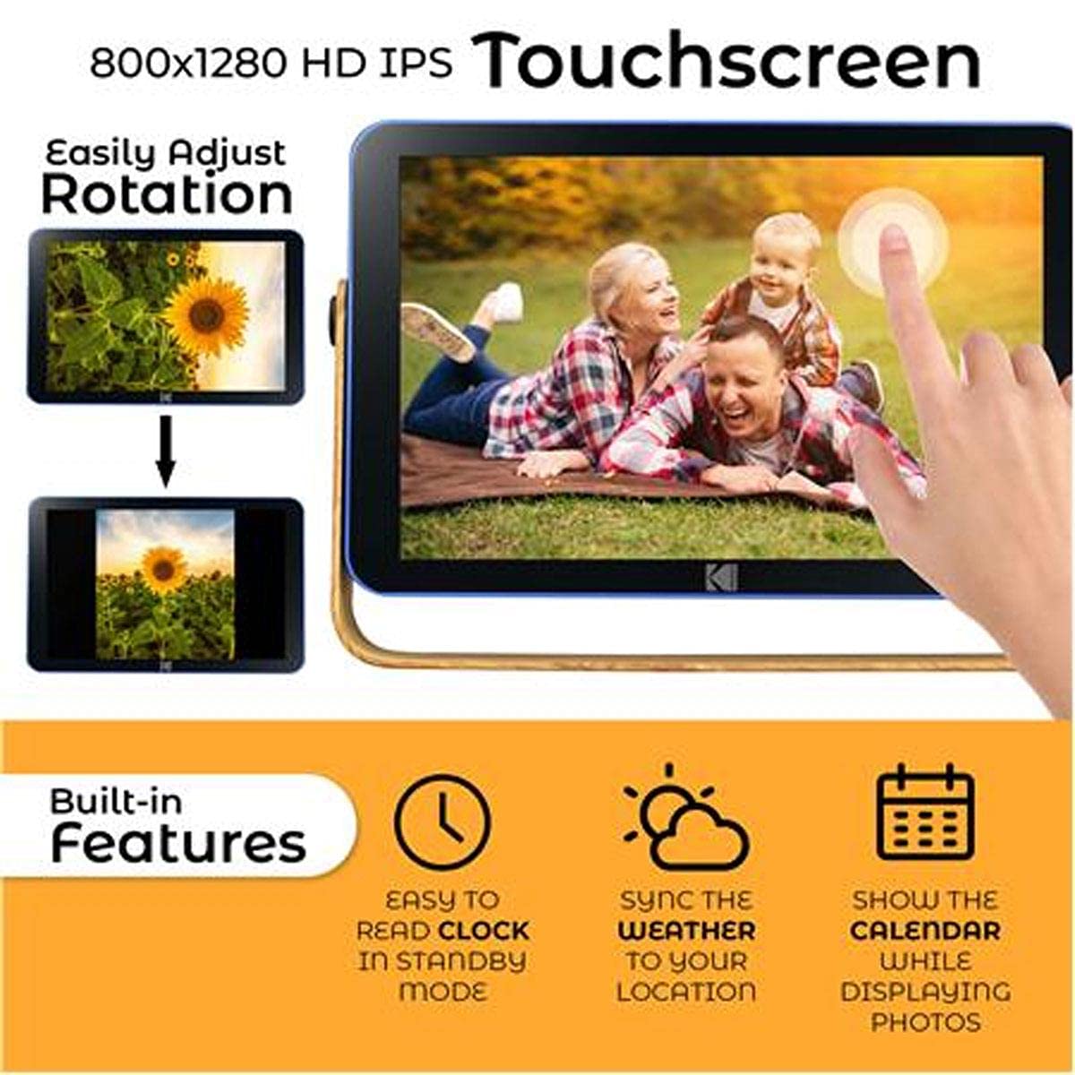Kodak 10 Inch Smart Touch Screen Rechargeable Digital Picture Frame, Wi Fi Enabled With Hd Photo Display And Music/Video Support