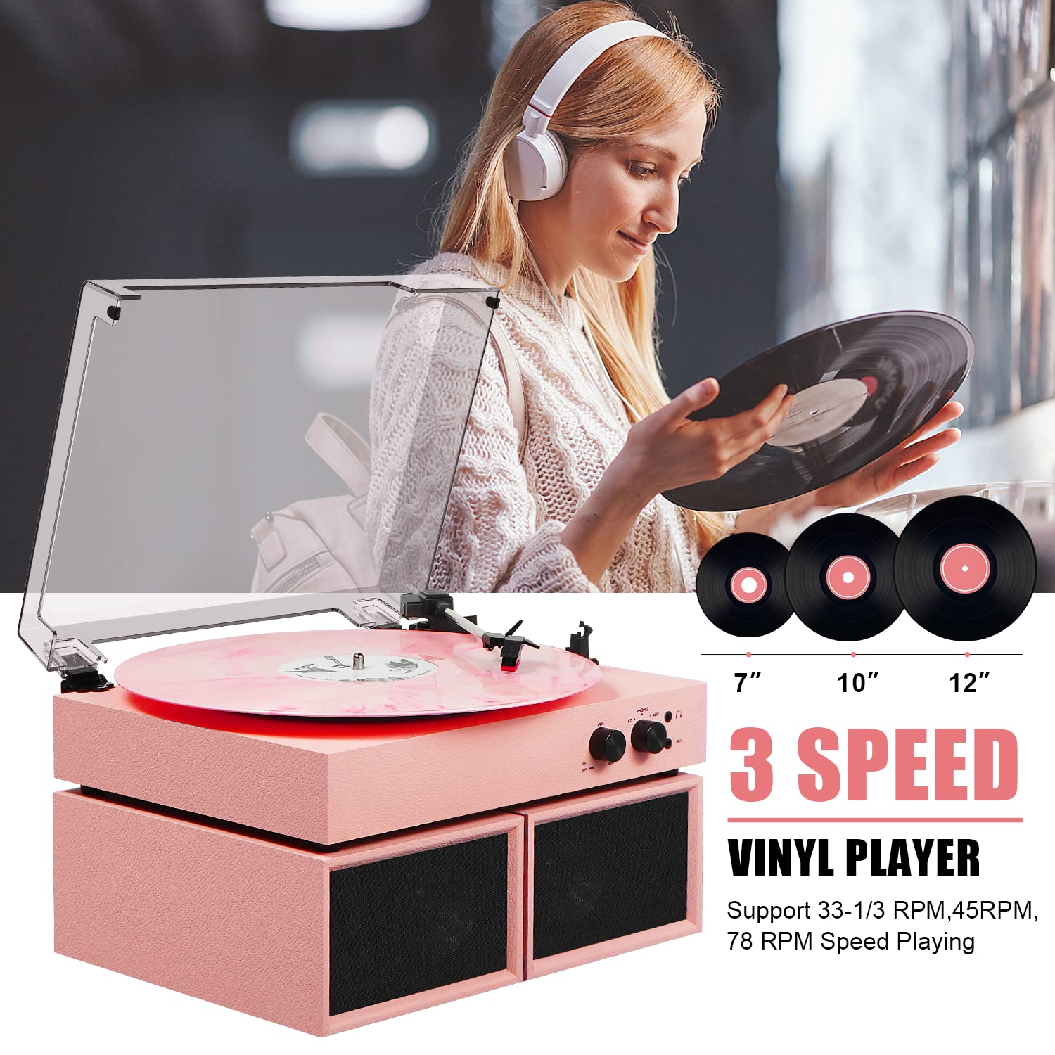 Vinyl Record Player With External Speakers, Vintage 3 Speed Turntable With Dual Speakers, Bluetooth Music Playback, Mp3 Pc Encod