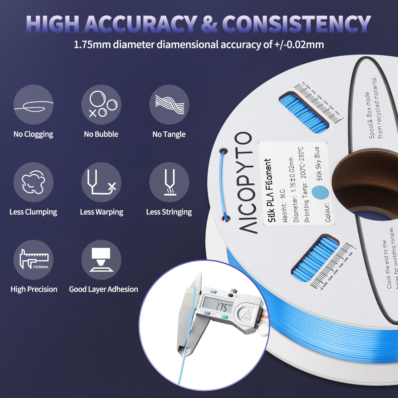 Aicopyto Silk Sky Blue Pla Filament 1.75Mm, 3D Printer Silk Pla Blue Filament 1Kg Spool(2.2Lbs) Dimensional Accuracy Probability