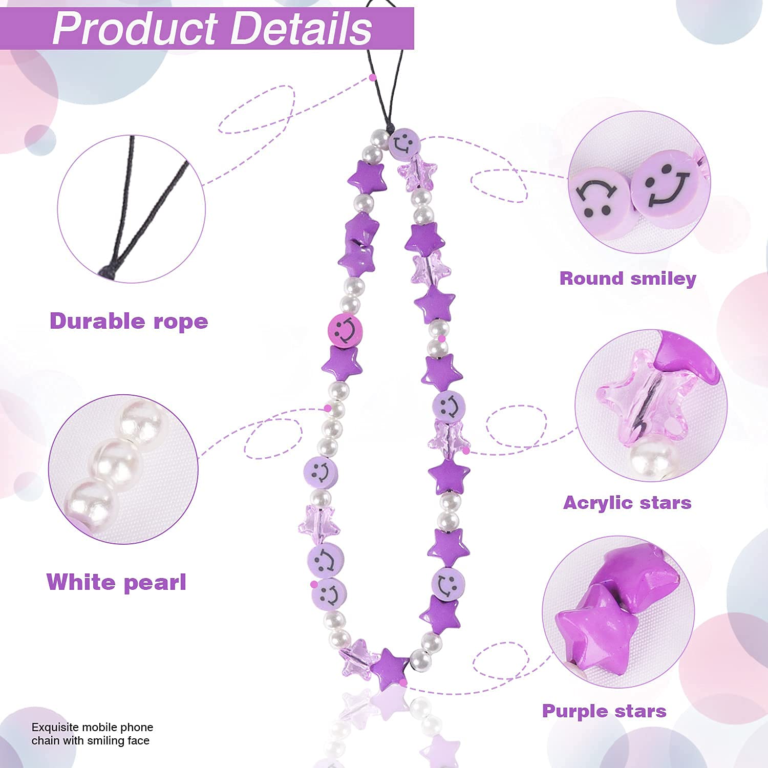 Phone Charm Lanyard, 1Pcs Smiley Face Beaded Phone Charm Strap Colorful Star Smiley Soft Ceramic Keychain For Women Girls (Purpl