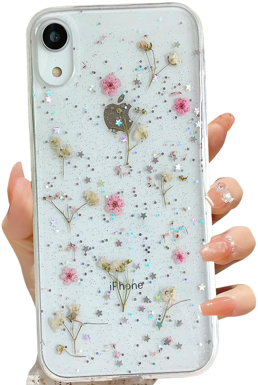 Lseeka For Iphone Xr Clear Case With Pressed Real Flowers Design,Glitter Cute Pink Floral Pattern Slim Soft Tpu Shockproof Prote