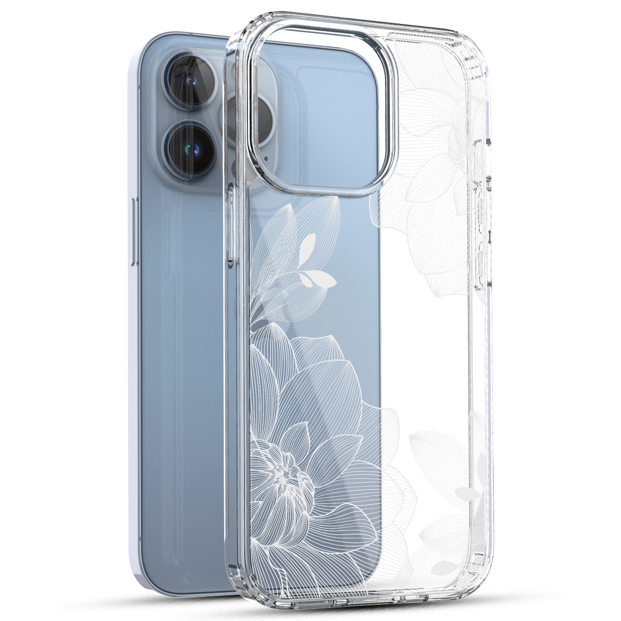 RANZ iPhone 13 Pro (6.1") Anti-Scratch Shockproof Clear Acrylic TPU Phone Case White Lace Chrysanthemum
