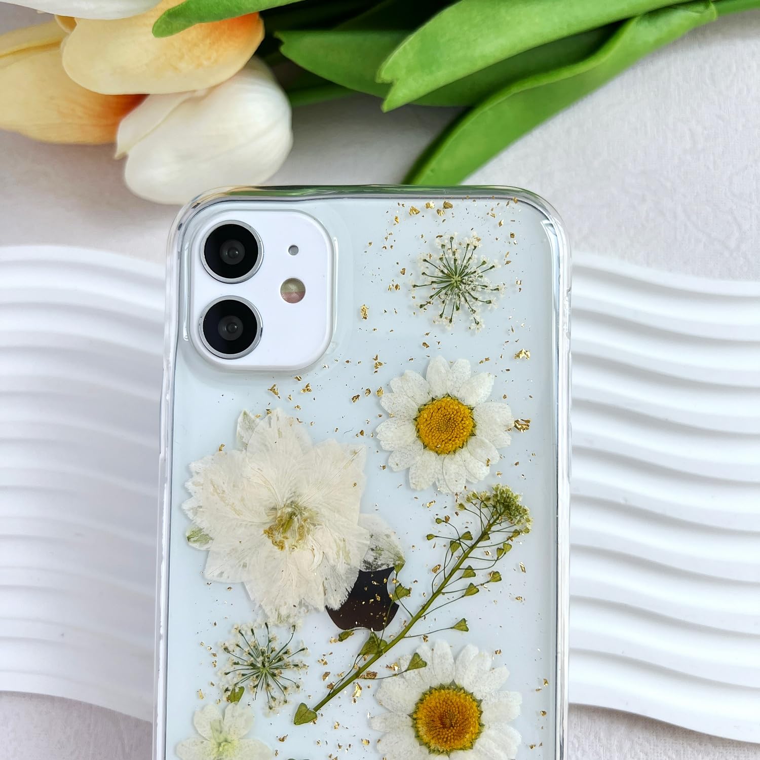 Lseeka For Iphone 11 Clear Case With Pressed Real Flowers Design,Glitter Cute White Floral Pattern Slim Soft Tpu Protective Wome