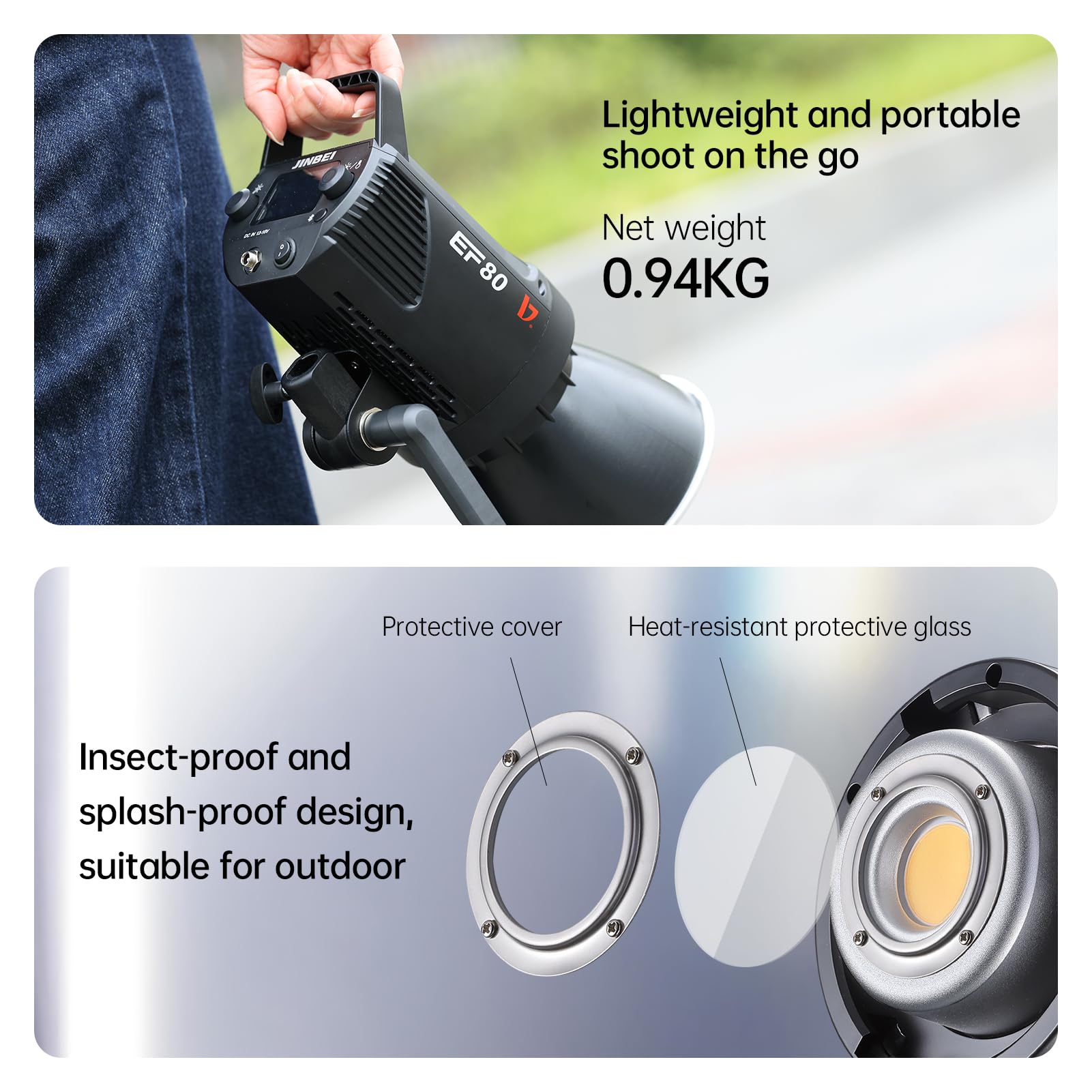 Jinbei Ef 80 80W Cob Led Video Light With App Control, 5500K Daylight Bowens Mount Cri97+ Tlci98+ 9 Lighting Effects Continuous