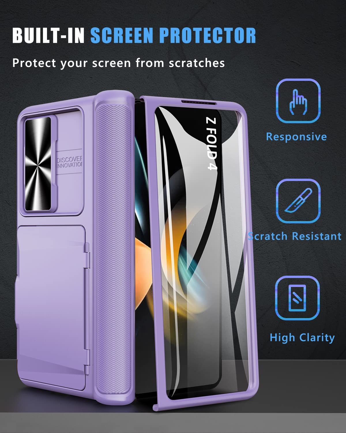 Vihibii For Galaxy Z Fold 4 Case With Card Holder, Sliding Camera Cover & Hinge Protection & Kickstand & Screen Protector, Heavy