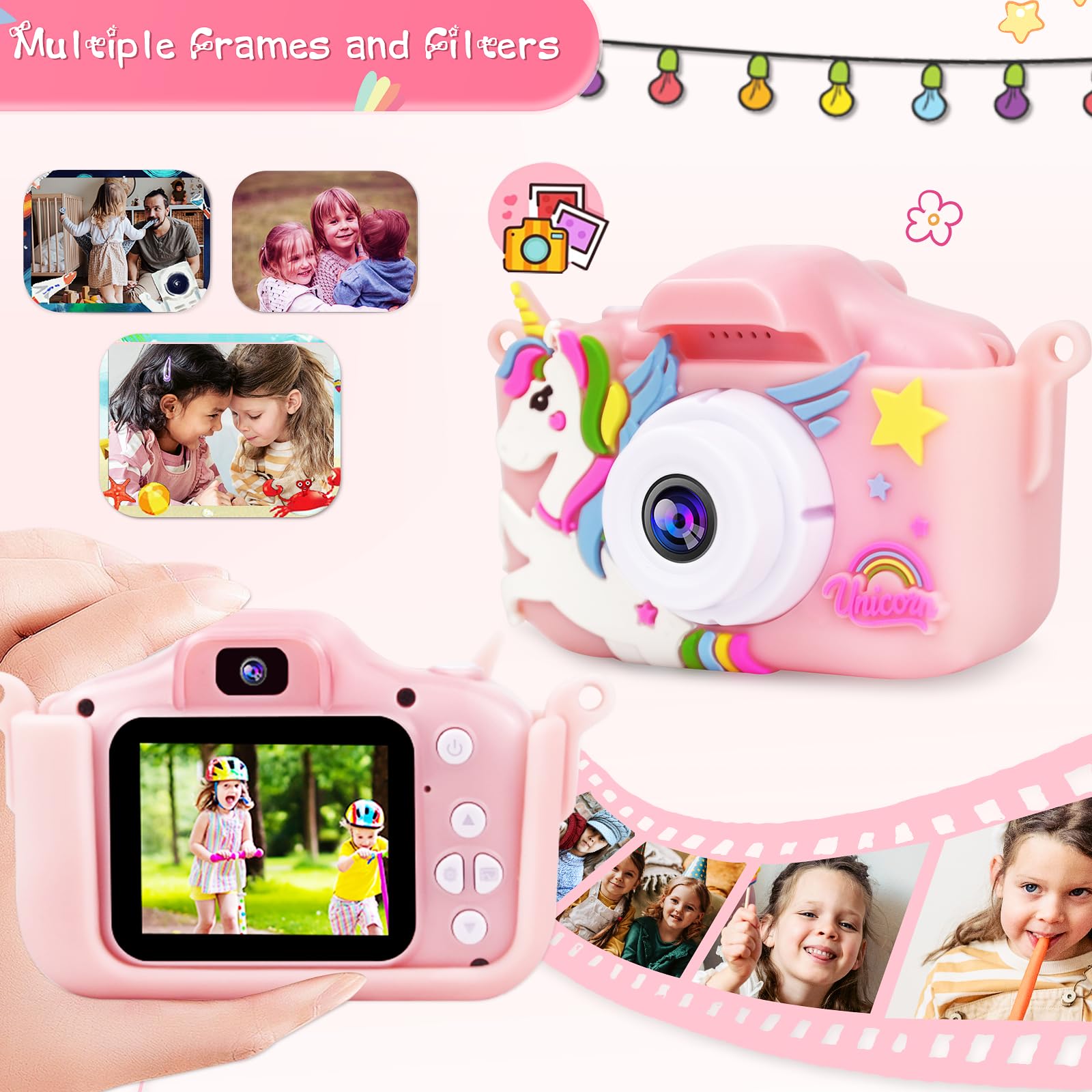 Prograce Kids Camera For Girls   Toddler Dual Camera Toys Portable Hd Kids Camera Birthday Christmas New Year Unicorn Gifts For Girls Age 3 4 5 6 7 8 32G Sd Card,Pink
