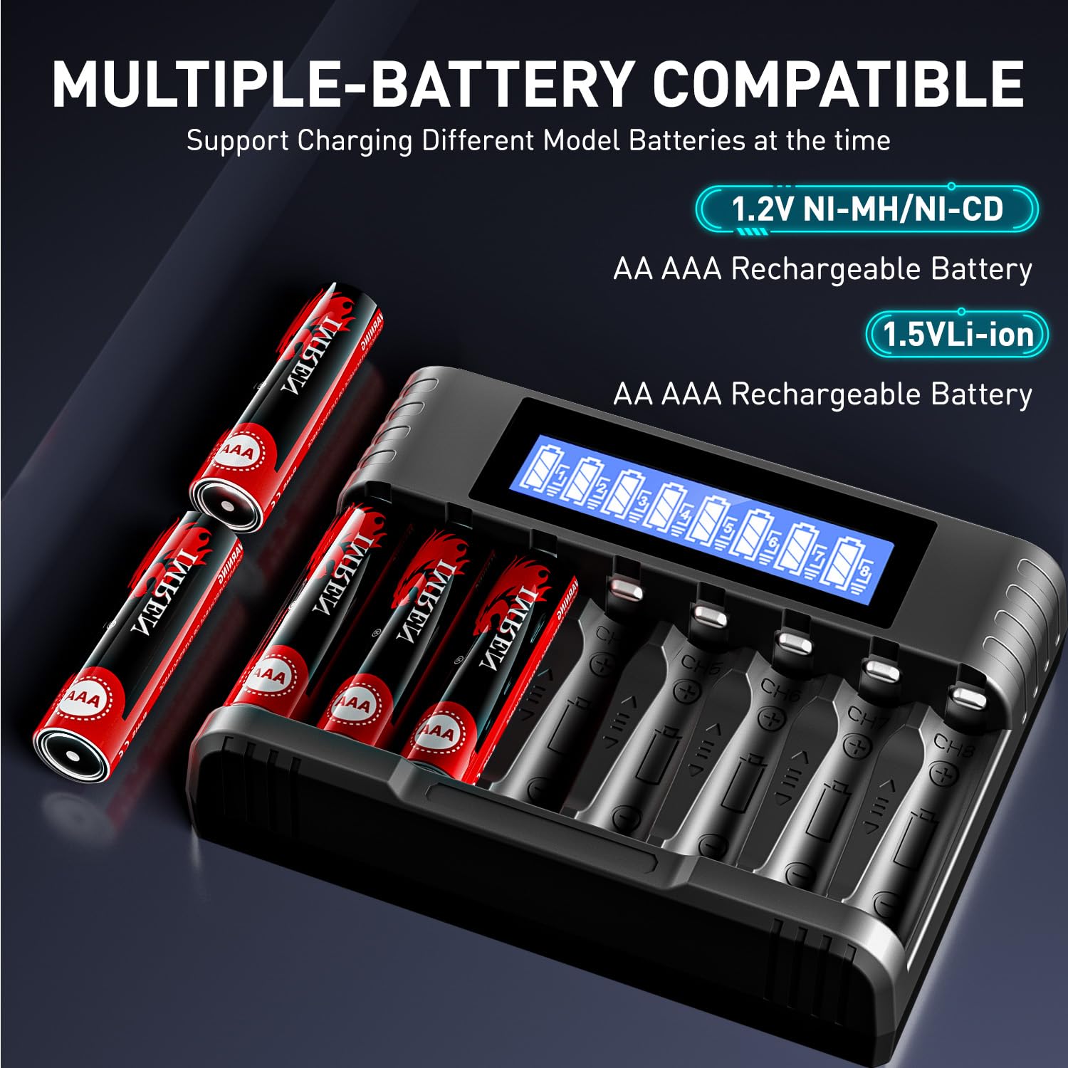 Imren Battery Charger Aa Aaa, Aa Battery Charger For 1.2V Nimh/Nicd 1.5V Lithium Aa Aaa Battery, 5V 2A Type C Fast Aa Aaa Batter