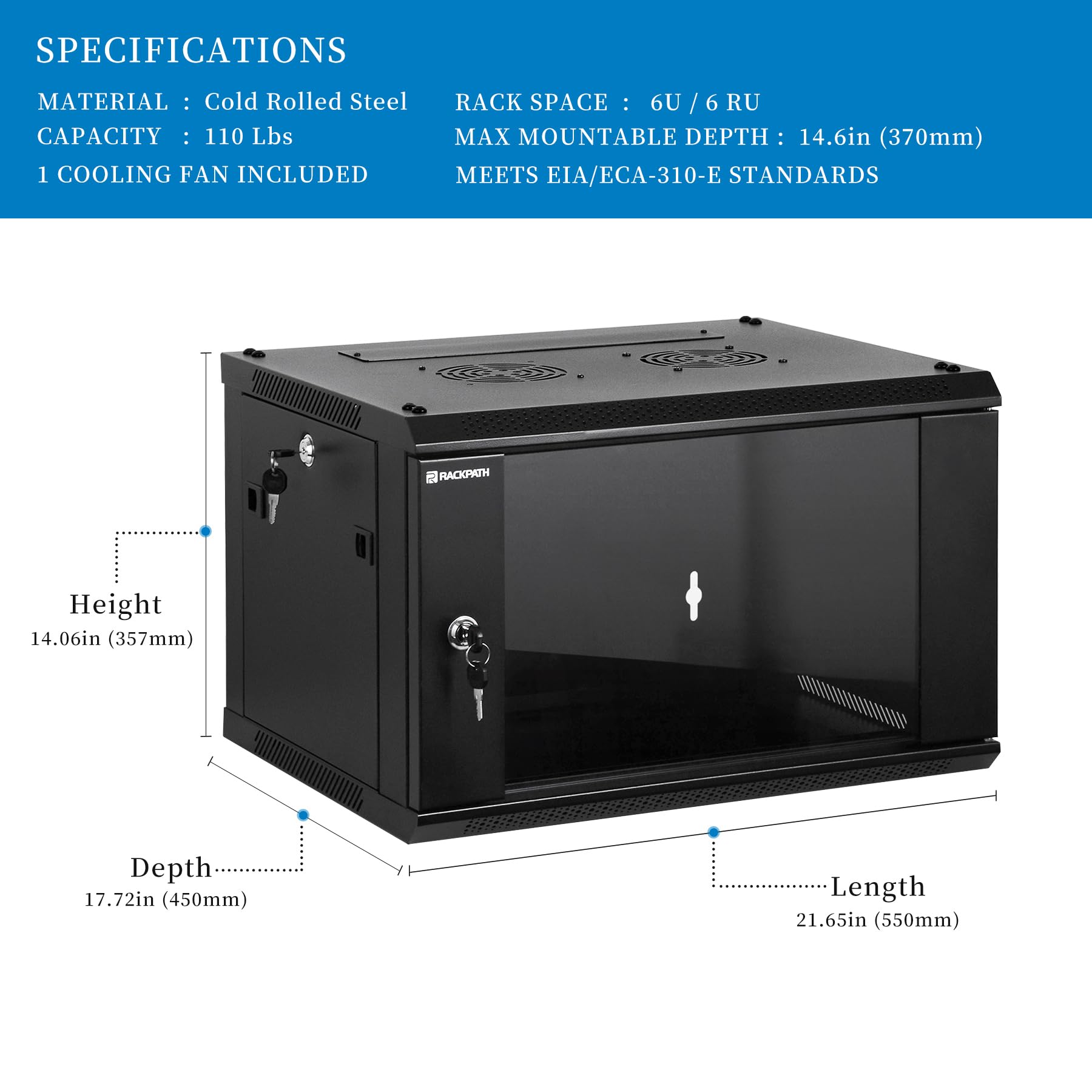 Rackpath 6U Performance Wall Mount Server Cabinet Network Rack Enclosure, Quiet Cooling Fan, Locking Glass Door, Black