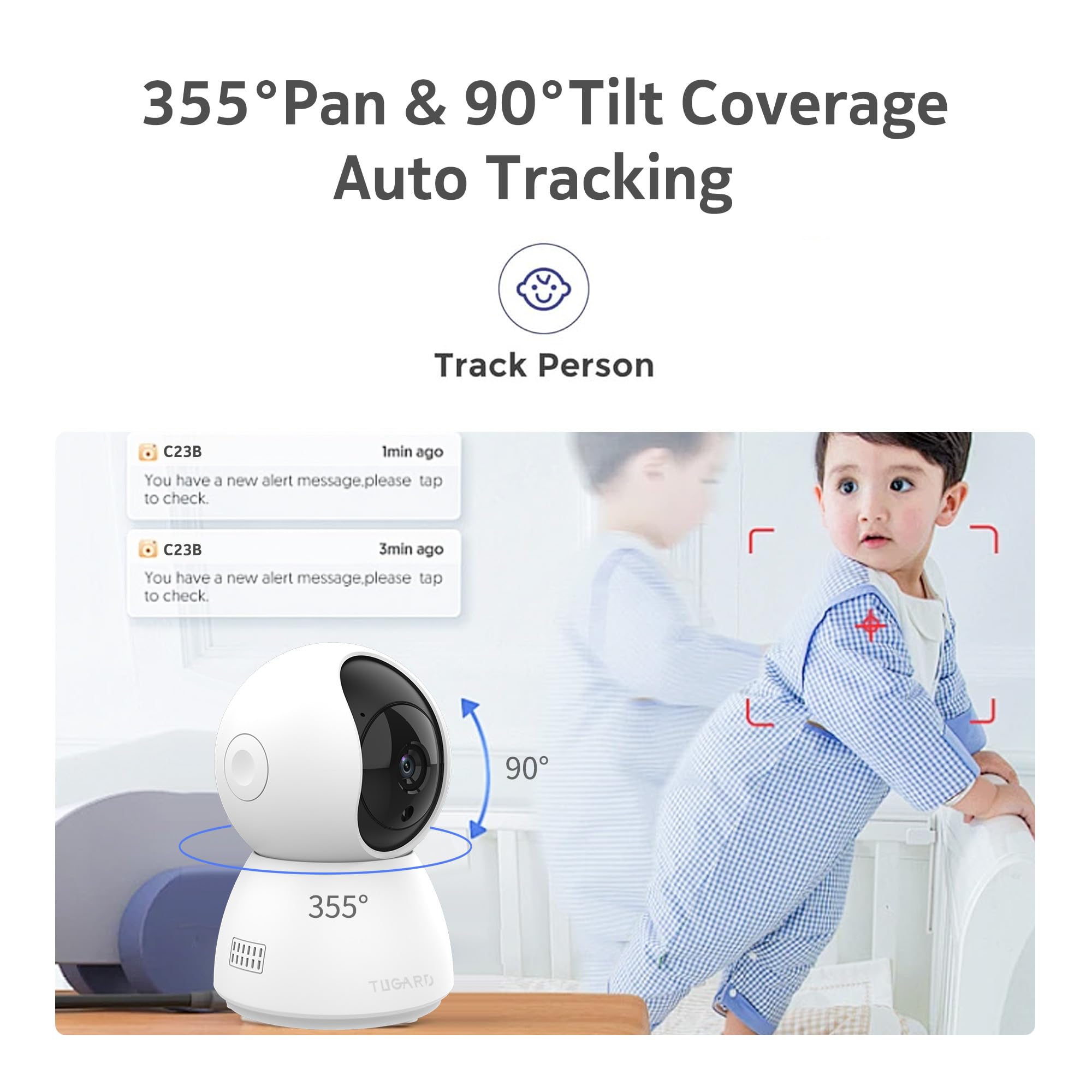 Tugard Security Camera, 2Mp Indoor Camera 355 Pet Camera For Home Security With Phone App, Baby Camera W/Motion Tracking,2 Way A