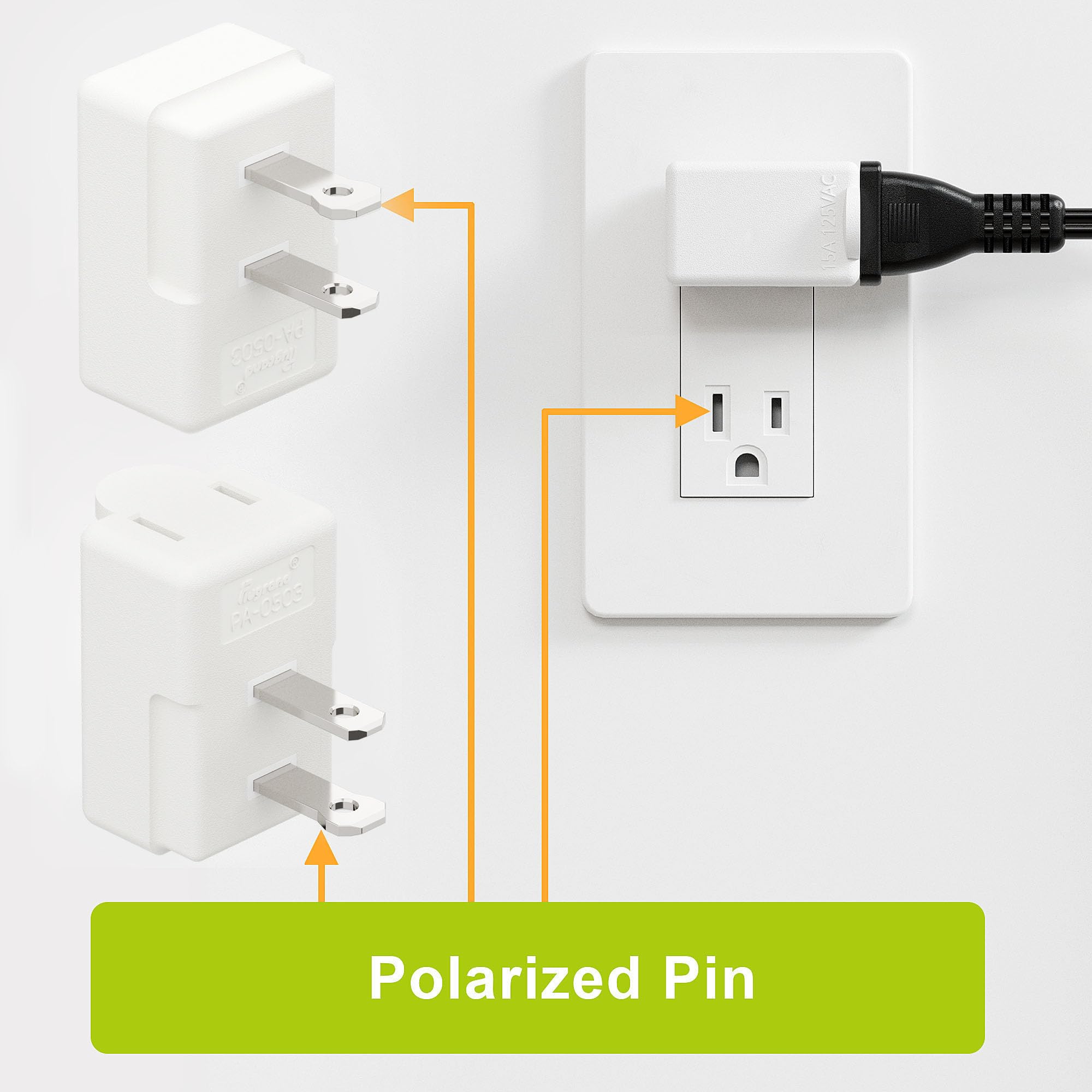 Polarized 2 Prong L Type Adapter, Horizontal Angled Ac Adapter, Nema 1 15P Usa Outlet Saver Extension Adapter, High Heat Resista