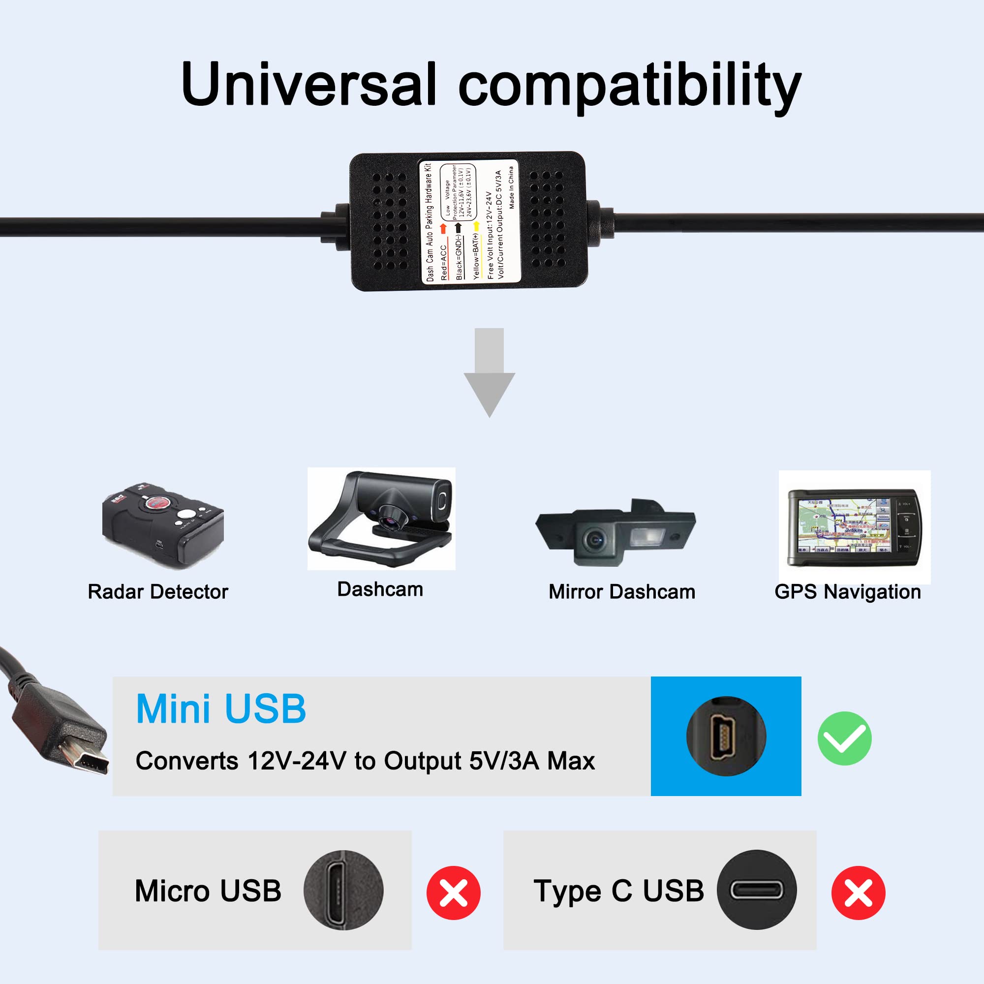 Meiriyfa Dash Cam Acc Hardwire Kit Mini Usb Hardwire Dashcam Kit Step Down Cable, 12V 24V To Dc 5V 3A Car Dash Charger Power Cord For Cars Camera Gps(11.5Ft)