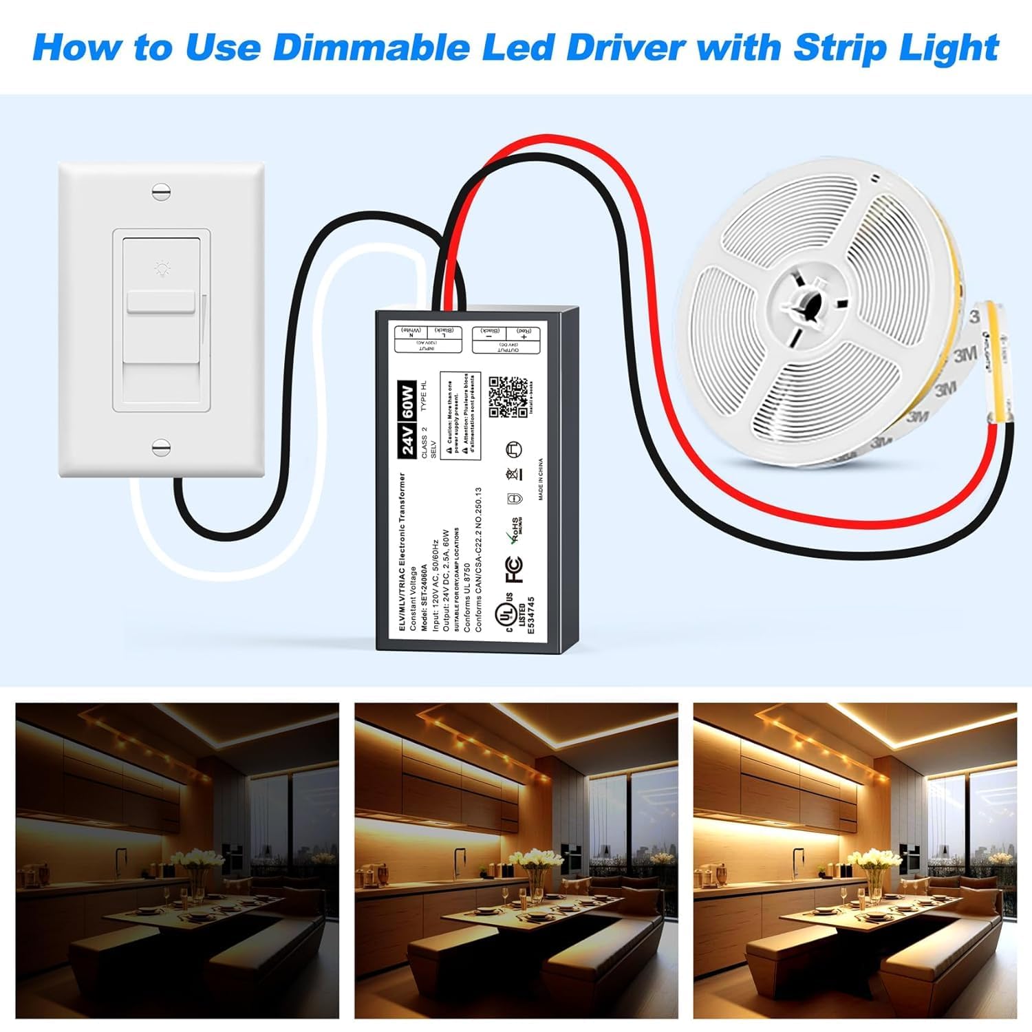 60W Dimmable Led Driver 24V,Triac Elv/Mlv Led Transformer Compatible With Lutron&Leviton Switches,Dimmable Led Power Supply For