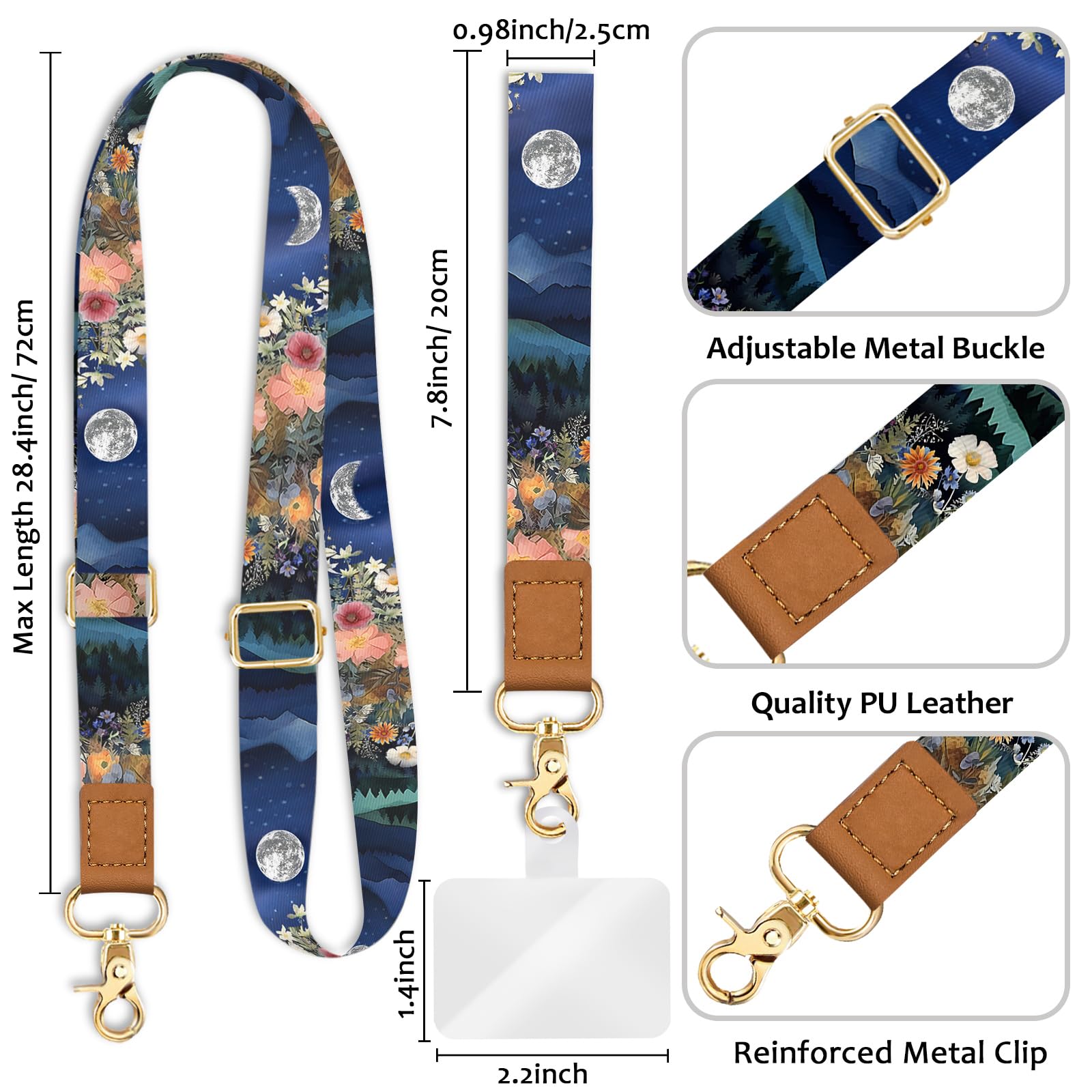 Piefly Phone Lanyard Crossbody Wrist Strap, Moon Mountain Flower Night Cell Phone Lanyards For Around The Neck Wristlet Shoulder