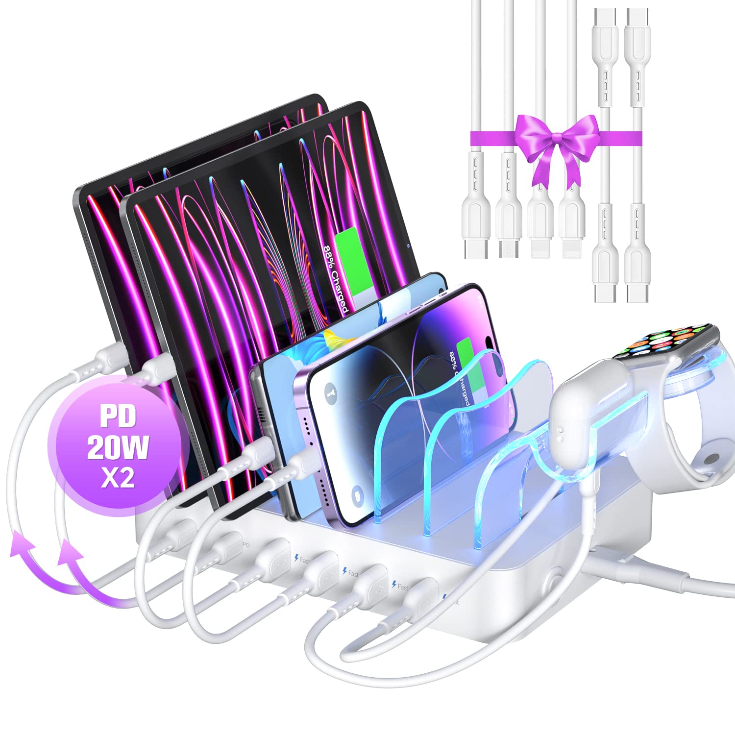 Soopii 6 Port Usb C Charging Station For Multiple Devices,2 Pd 20W Fast Charging For Lphone 15 And More,6 Charging Cables And 2I