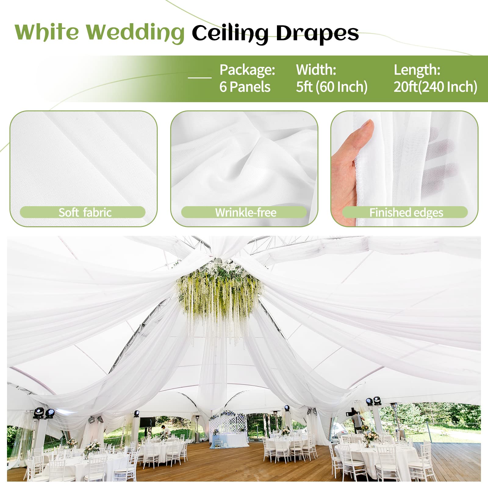 6 Panels White Ceiling Drapes For Wedding Ceiling Drapes 5Ftx20Ft Wedding Arch Draping Fabric Sheer Curtains Voile Chiffon Drape
