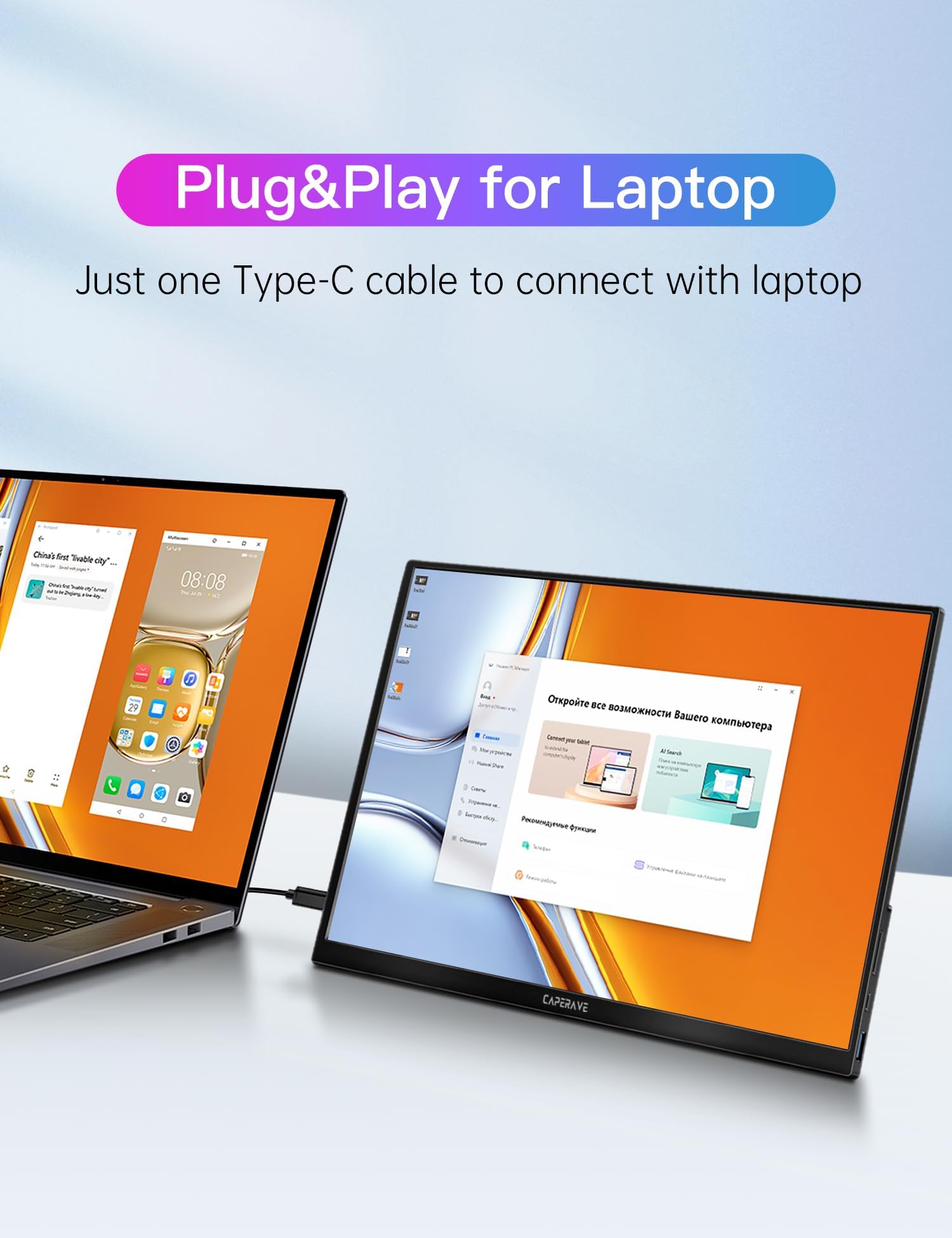 Caperave Portable Monitor For Laptop, 15.6'' 1080P Fhd Travel Monitor With Kickstand & Speaker, Second Monitor Usb C Hdmi, Gamin