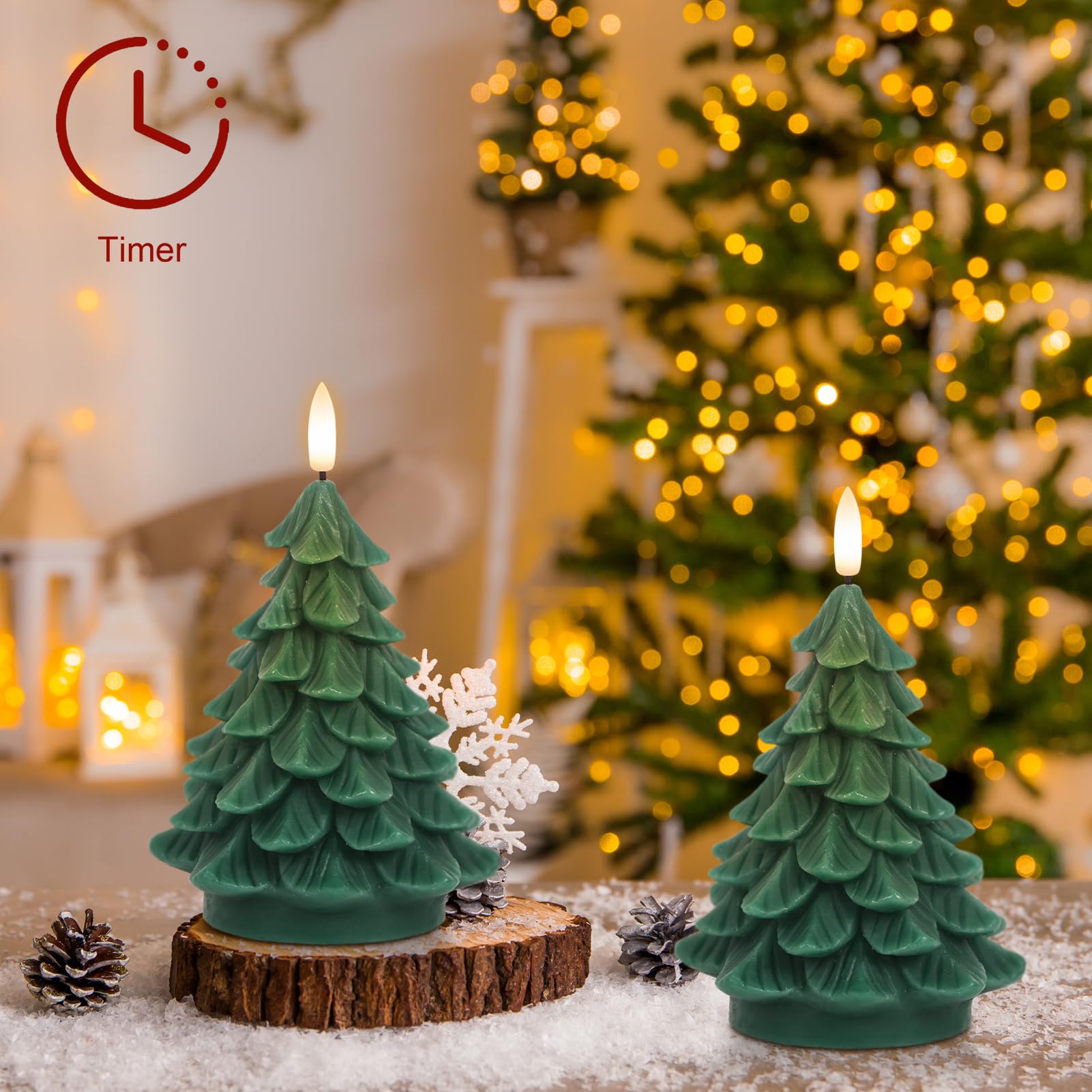 Dromance Christmas Tree Flameless Candles Battery Operated With 6 Hour Timer, 2 Pack Green Real Wax Lifelike Leaves 3D Wick Led