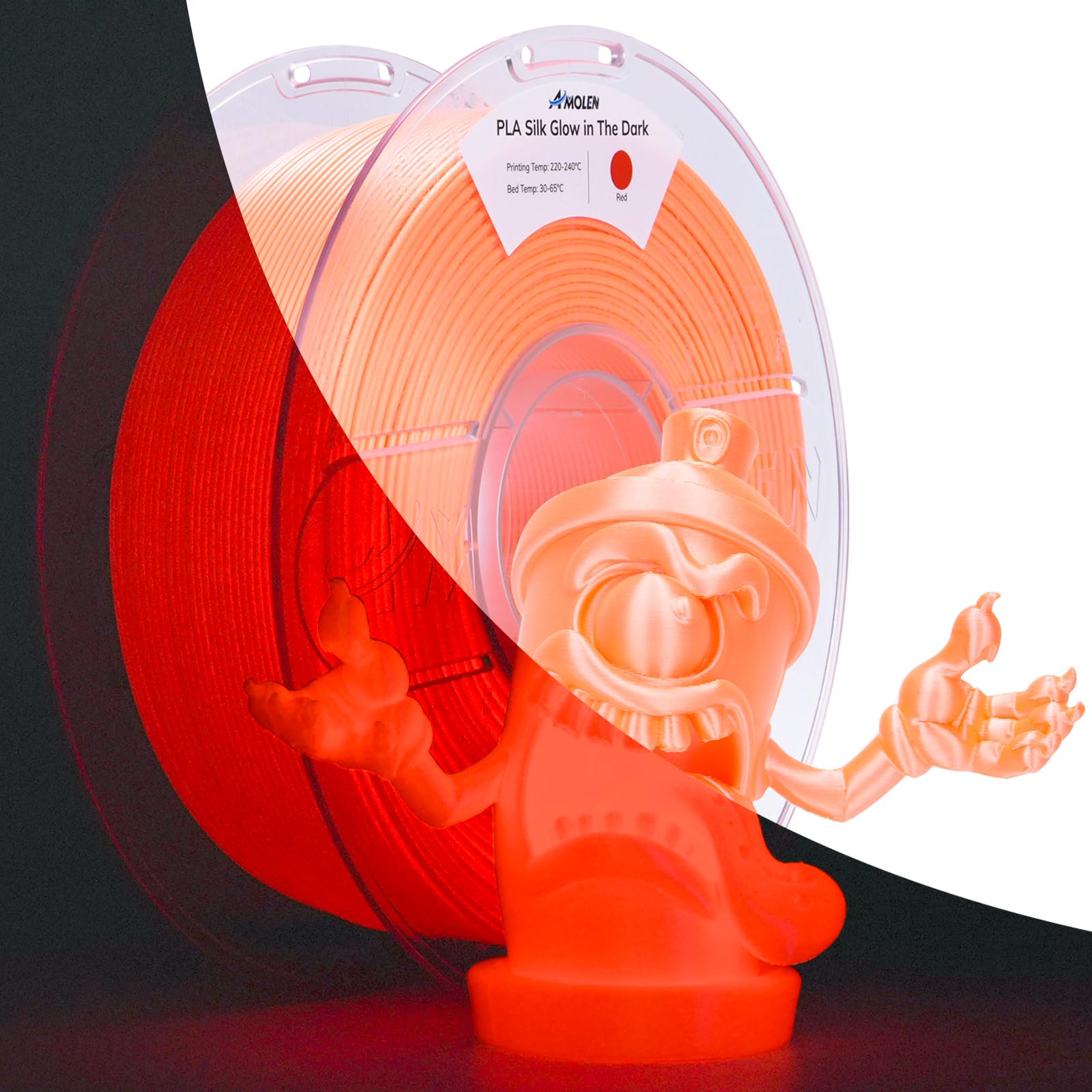 AMOLEN Glow in the Dark PLA Filament,Shiny Silk & Glow 3D Printer Filament PLA Glow Filament 1.75mm Orange-Red, Best with UV Lam