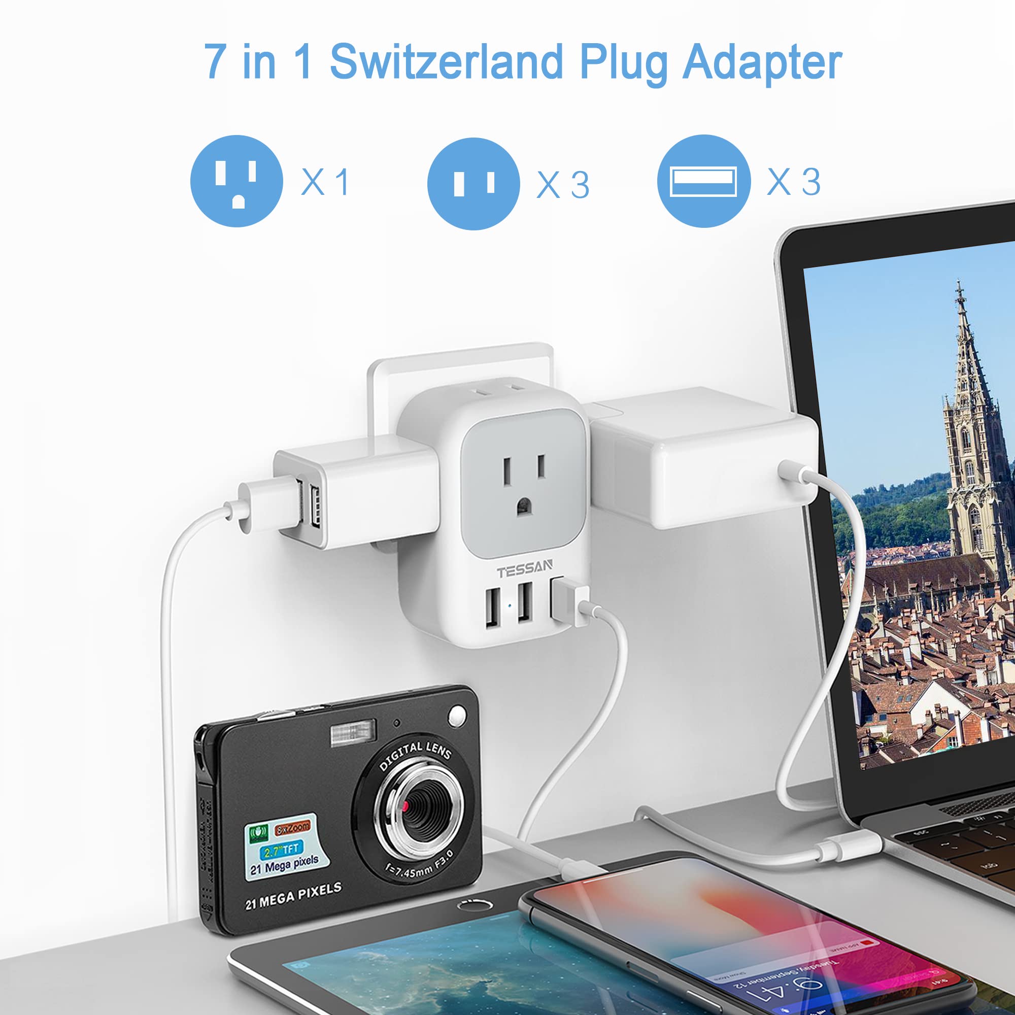 Tessan Switzerland Power Adapter, Swiss Travel Adaptor With 4 Outlets 3 Usb Charging Ports, Type J Plug For Us To Switzerland, L