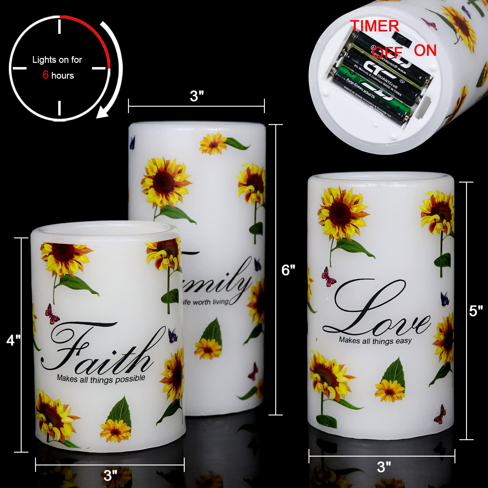 Dromance Sunflower Flameless Flickering Candles With 6H Timer, Set Of 3 Battery Operated White Real Wax Led Pillar Candles Party
