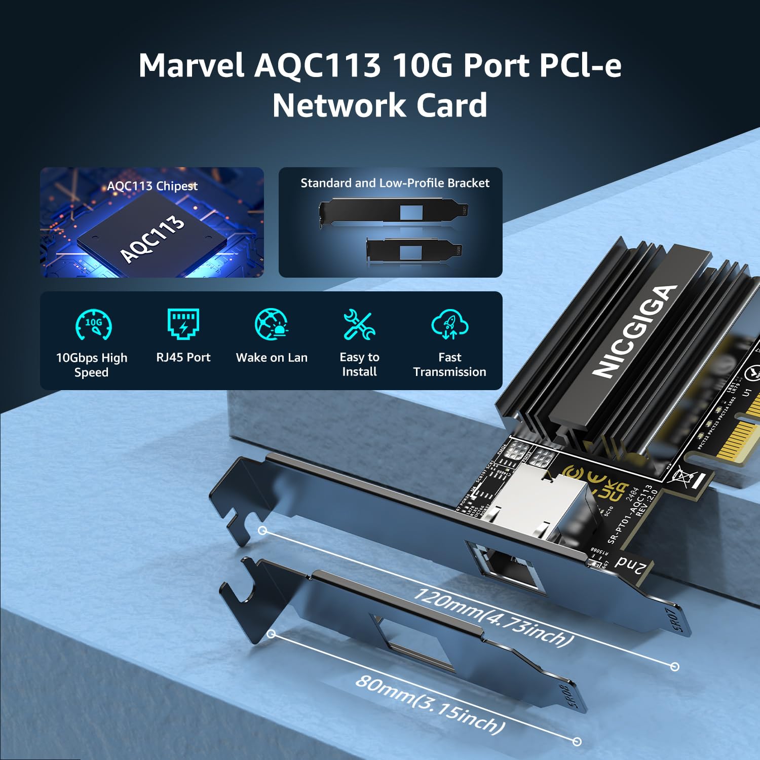 10G Base T Pci E Network Card, Marvell Aqc113 Controller, Nicgiga 10Gb Ethernet Adapter Support Wol, 10Gbe Rj45 Port Nic Card, W
