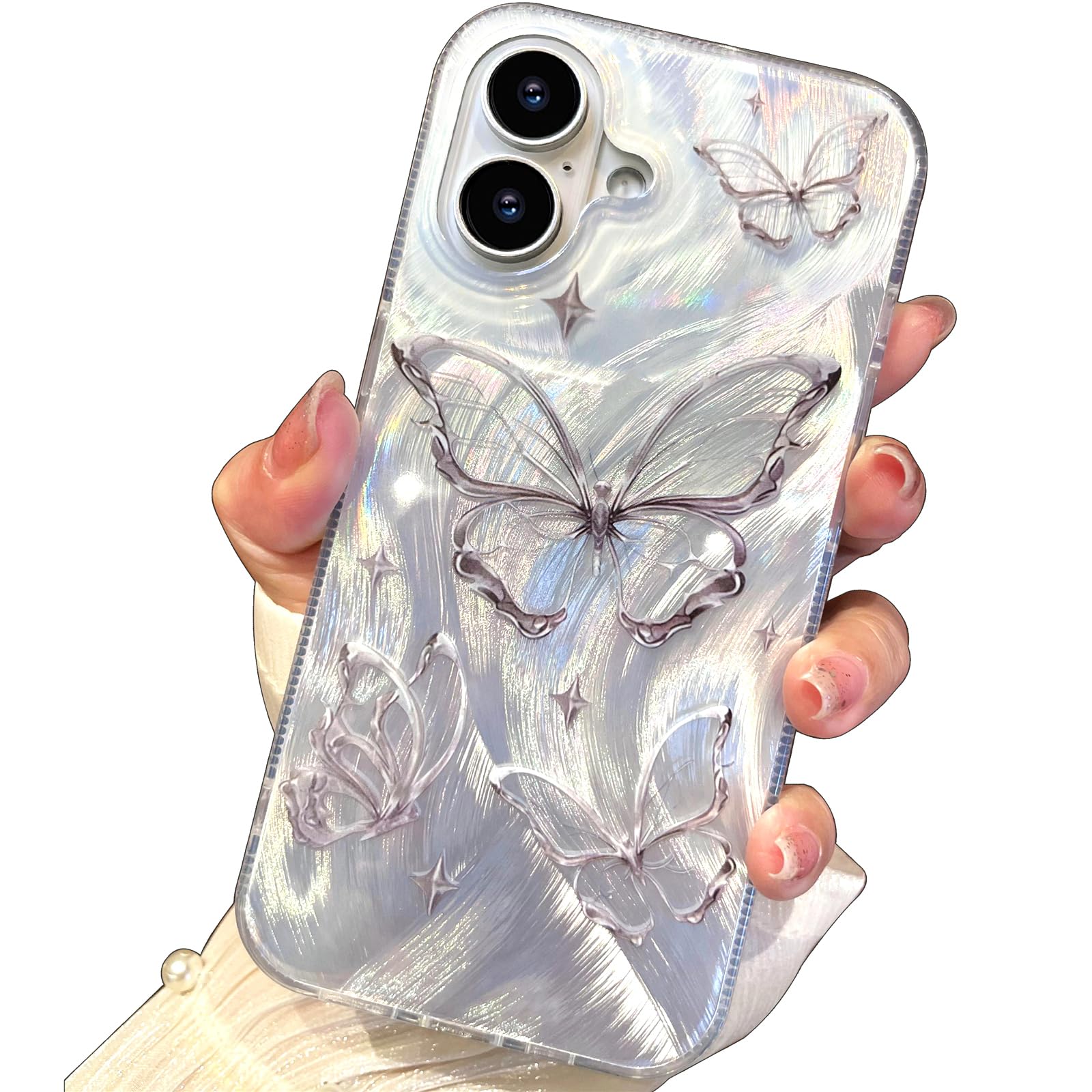 I Mgae In Ar Compact Case For Iphone 16 Plus Shiny Silver Butterfly Design,Cute Trendy Soft Slim Tpu Shockproof Protective Phone