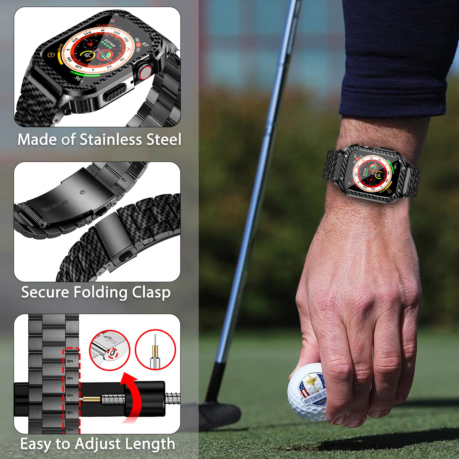 Miohhr Stainless Steel Band And Case Compatible With Apple Watch Band 45Mm, Men Metal Protective Bumper Cover For Iwatch Series