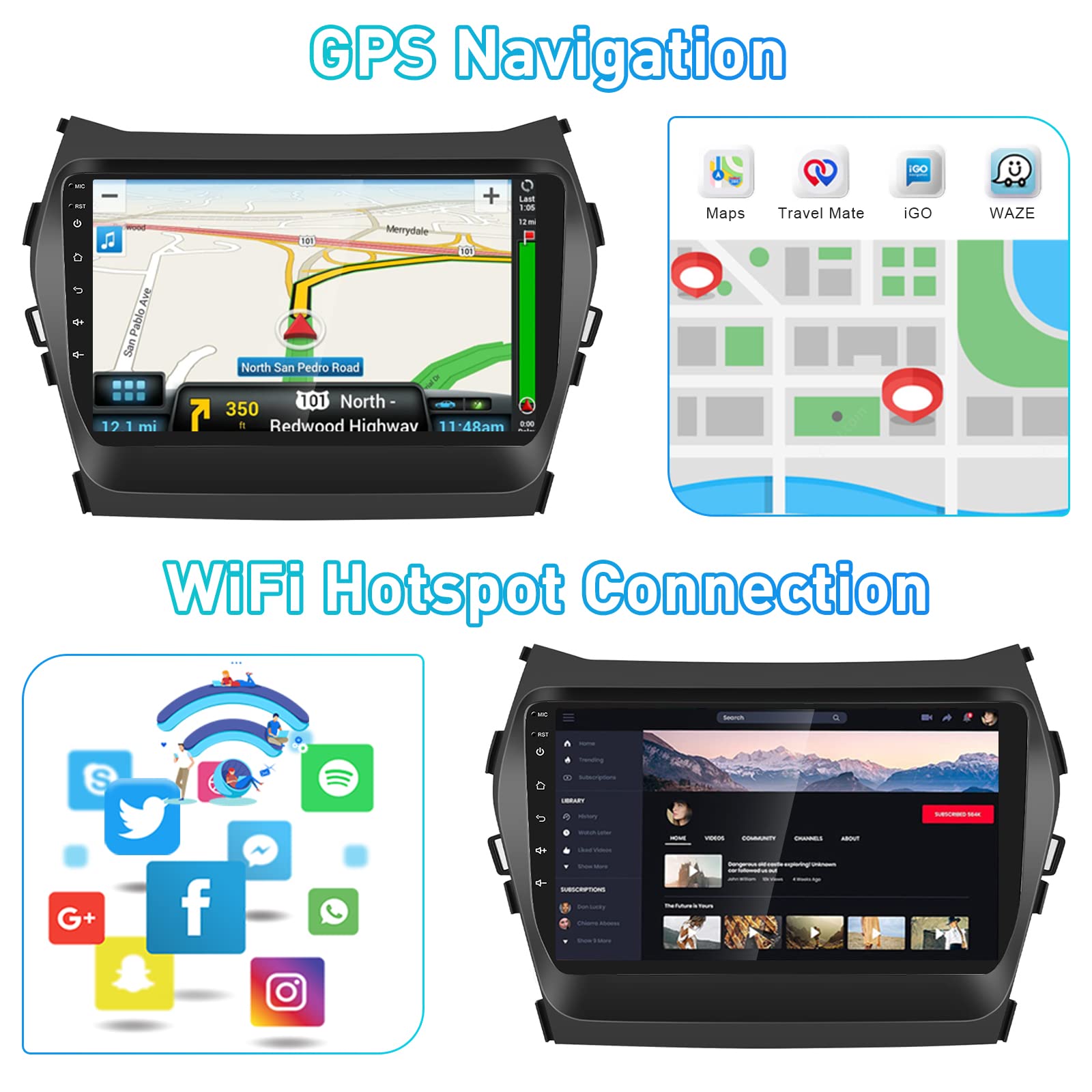 Roinvou [2G+64G] For Hyundai Santa Fe 2013 2017 Car Radio With Wireless Carplay/Android Auto, 9 Inch Android 13 Ips Touch Screen