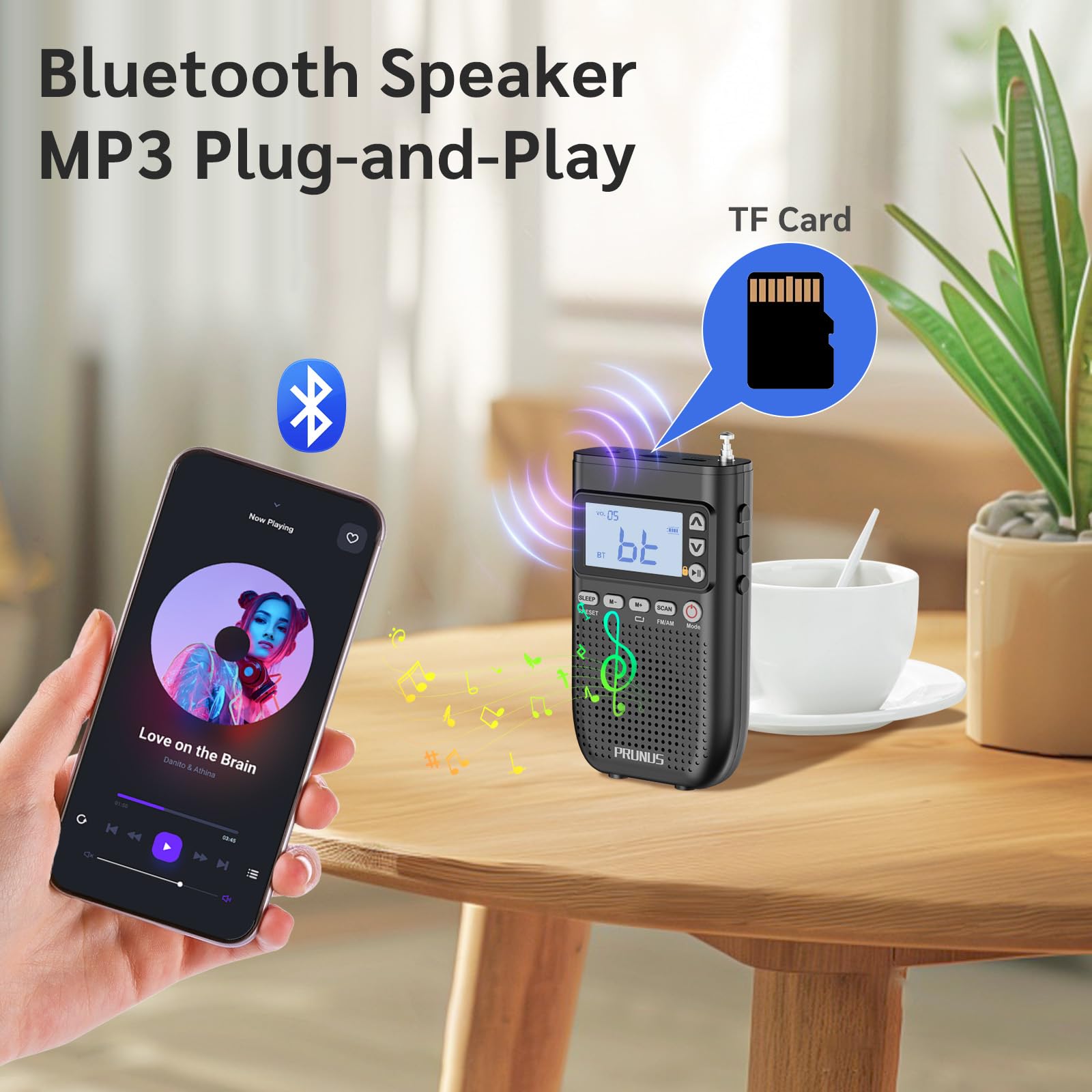 Prunus Portable Radio Am Fm To Bluetooth Earphone, As Bluetooth Speaker, 2000Mah Rechargeable Radio, Preset, Tf Card Shuffle Play, Headphone Jack, Sleep Timer, Walkman Radio, Digital Radio 618