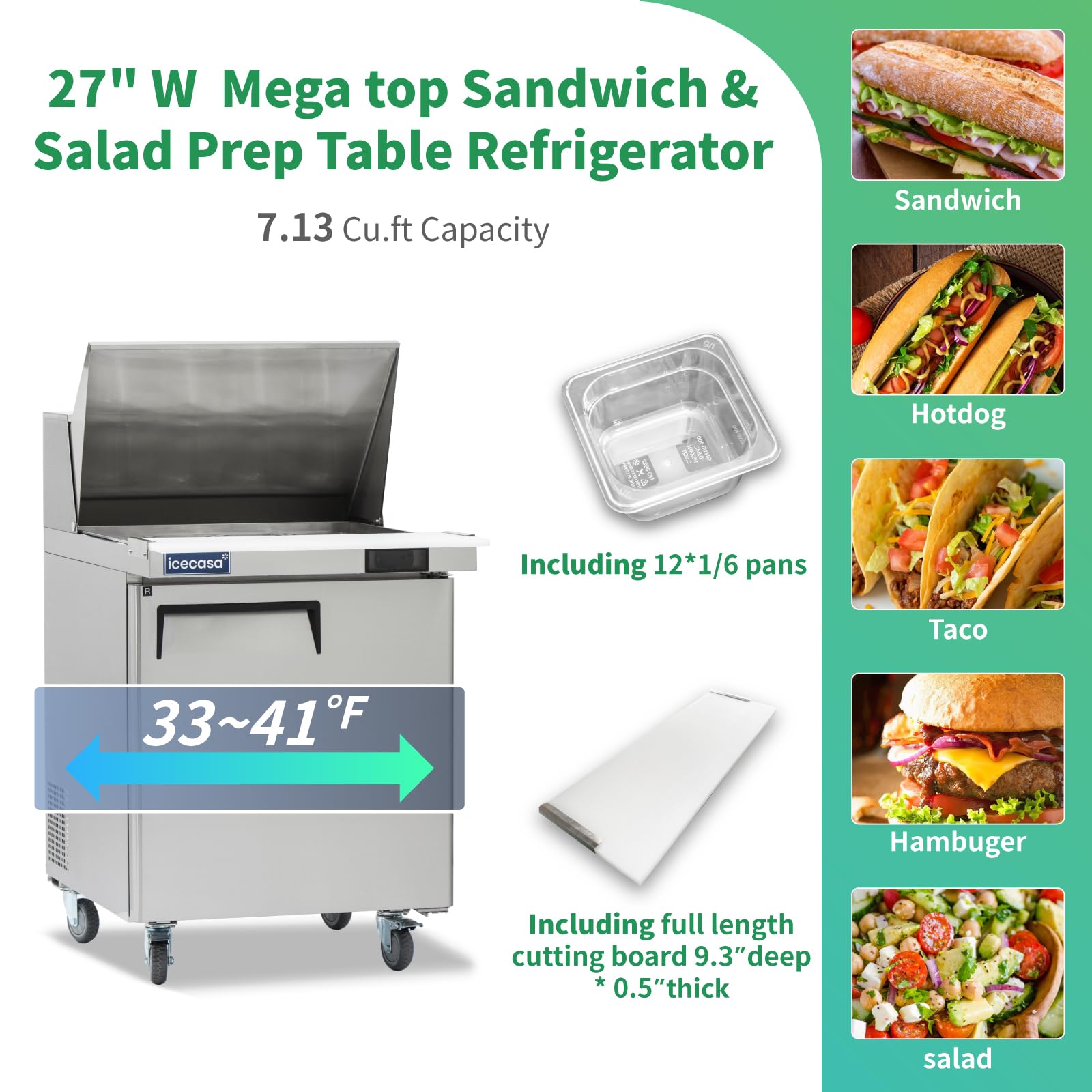 Icecasa 27'' W Commercial Refrigerator Sandwich&Salad Prep Table Mega Top Single Door Stainless Steel Counter Fan Cooling Refrig