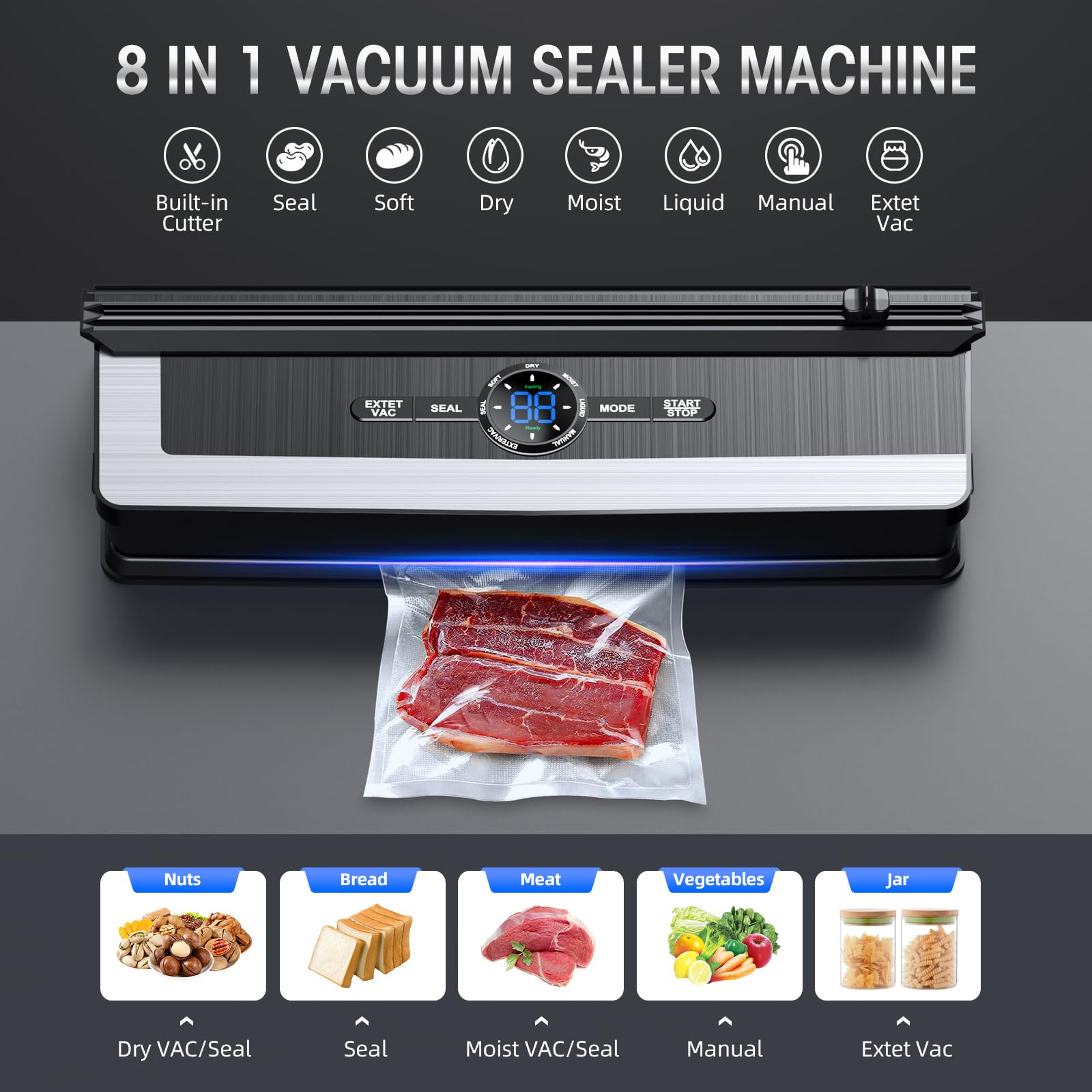 Vacuum Sealer Machine   8 In 1 Food Vacuum Sealer Machine With Build In Cutter Automatic Air Sealing System Led Indicator For Fo