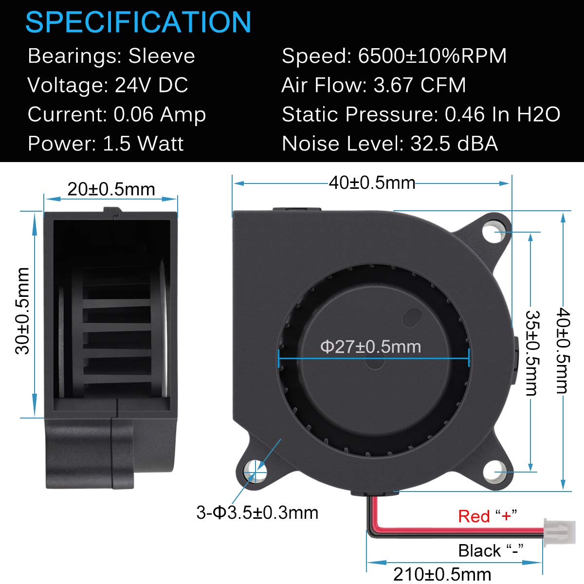 Gdstime Blower Fan, 40Mm X 40Mm X 20Mm 24V Dc Brushless Blower Cooling Fan Sleeve Bearing
