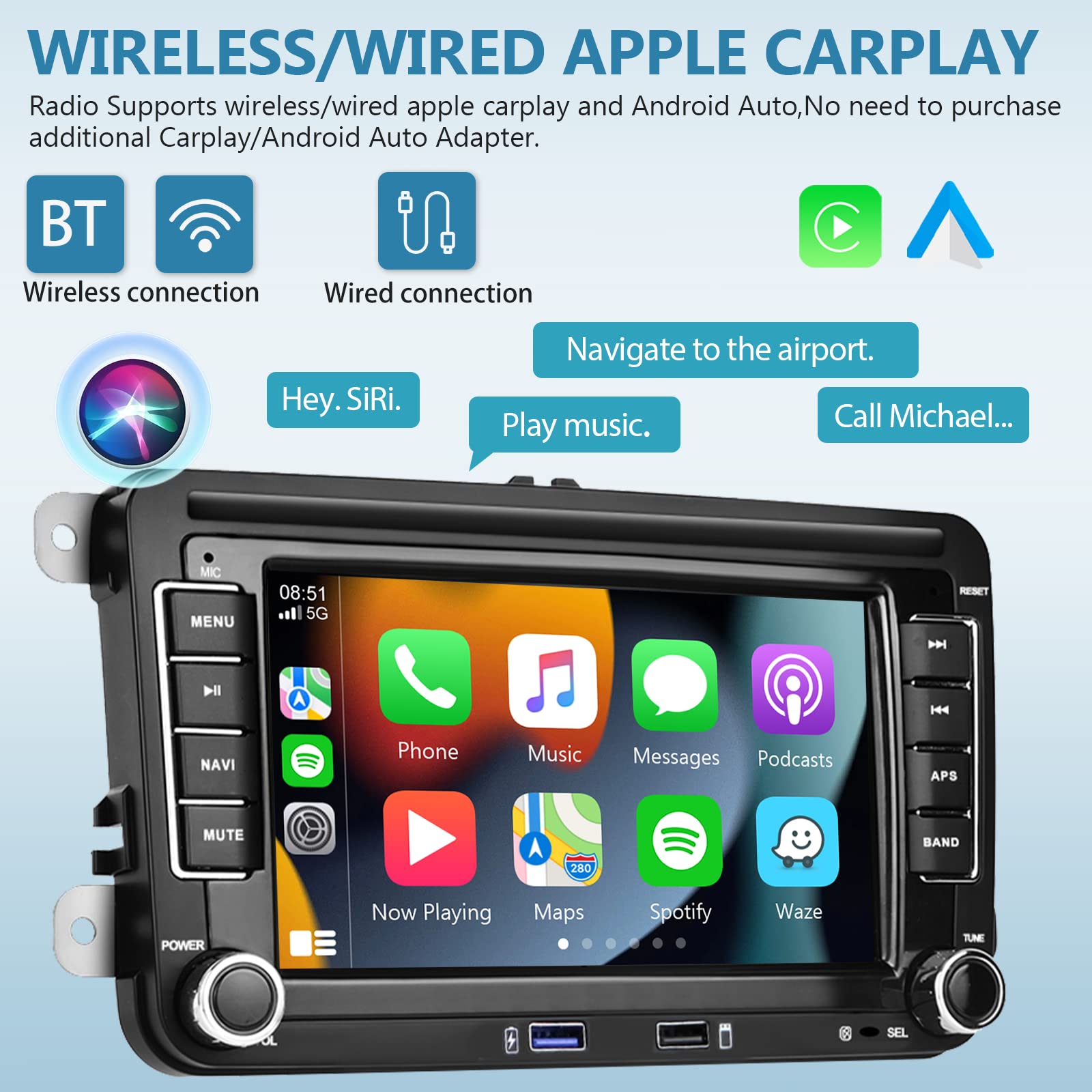 Android For Vw Jetta Seat Passat Tiguan Cc Golf Skoda Double Din Car Stereo With Wireless Carplay/Android Auto 7 Inch Hd Touchsc