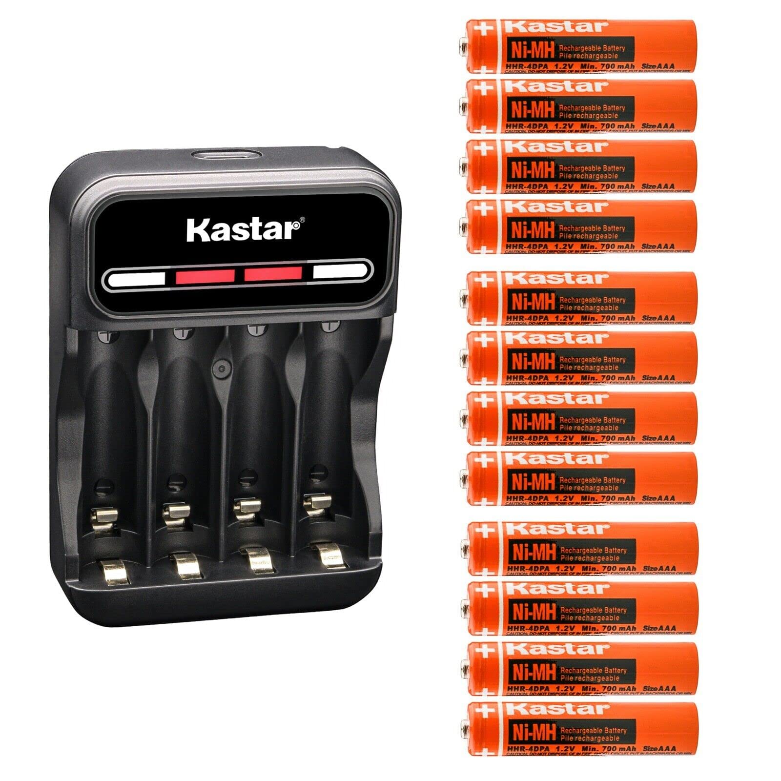 Kastar 12-Pack Battery and CMH4 Smart USB Charger Compatible with Panasonic 1.2V 400mAh BK40AAABU, 1.2V 550mAh HHR-4DPA/4B HHR-5