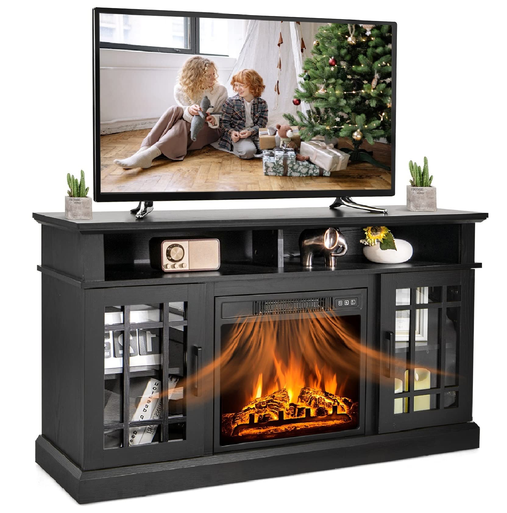 SIMOE Modern 48 Inch Electric Fireplace TV Stand, TV Console for TVs with 18 Fireplace up to 55 Inch with 2 Open Shelves and Cab