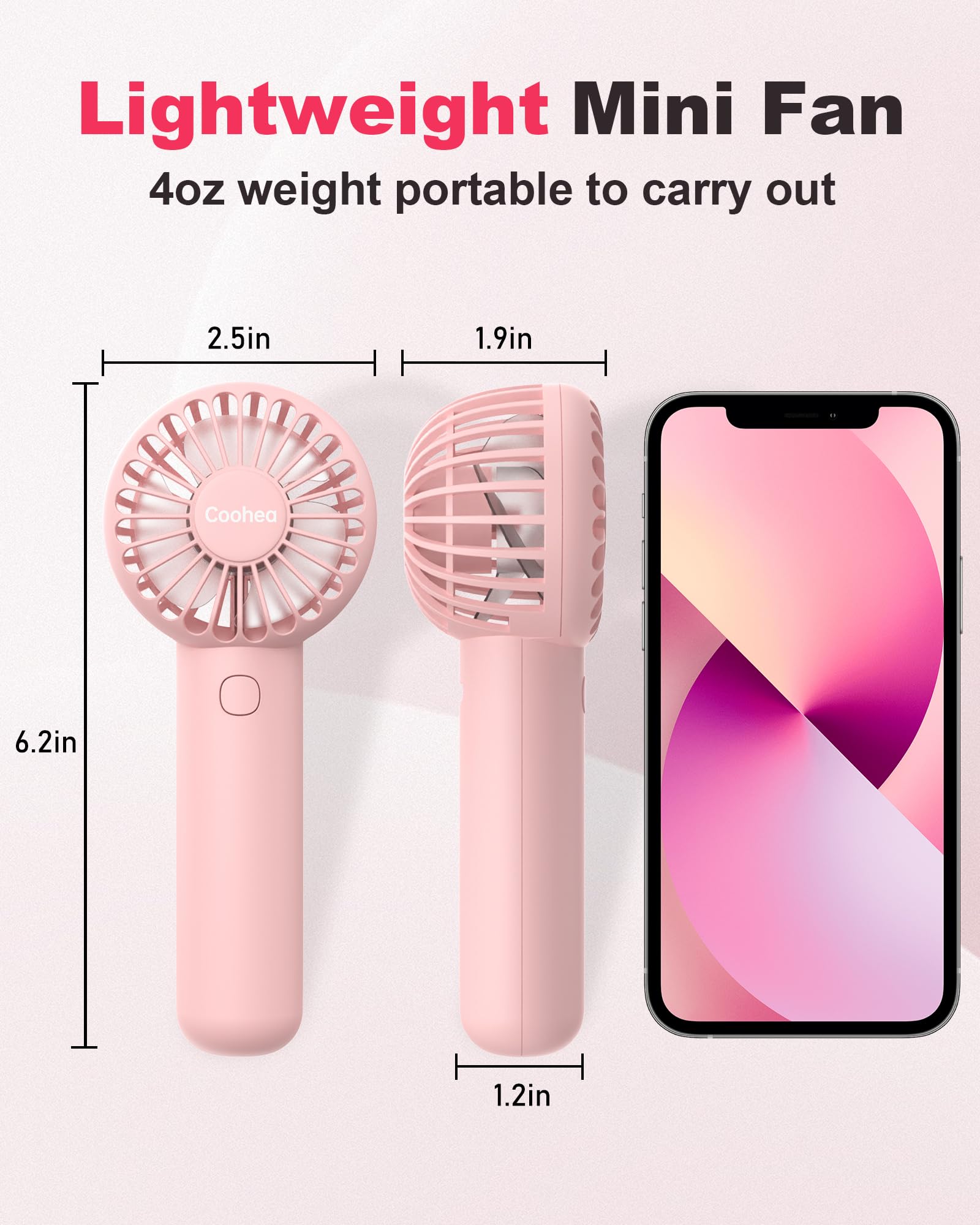 Coohea 2 Pack Pink Handheld Fan Battery Operated Portable Fan 3 Speeds Powerful Mini Fan With Base & Lanyard Usb Powered Small F